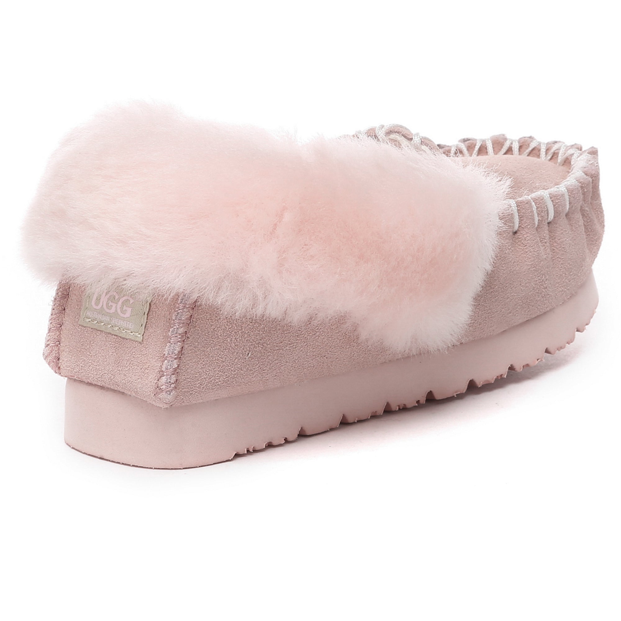 EverUgg Kids traditional moccasin slippers in soft brown leather with plush lining, featuring classic stitching and a slip-on design.
