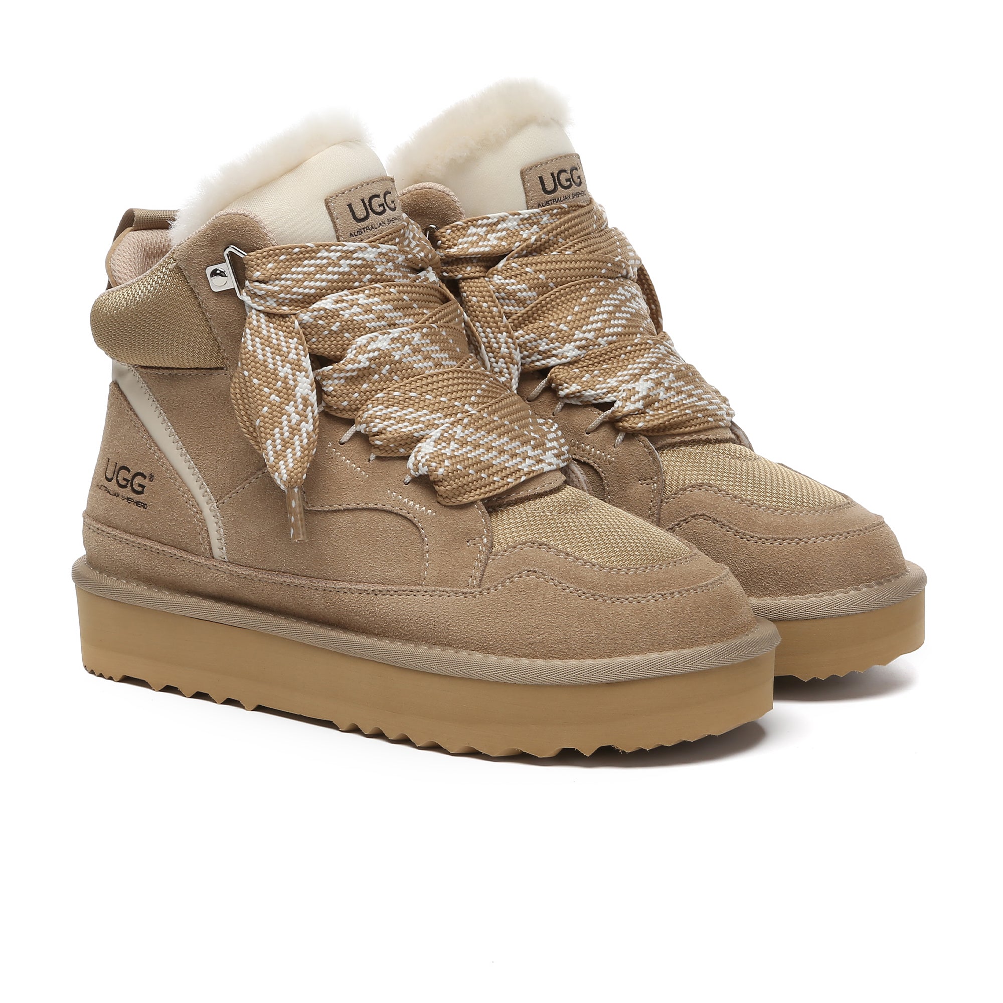 EverUgg UGG lace-up ankle platform sneaker for women with a chunky sole and stylish design, shown from a side view.