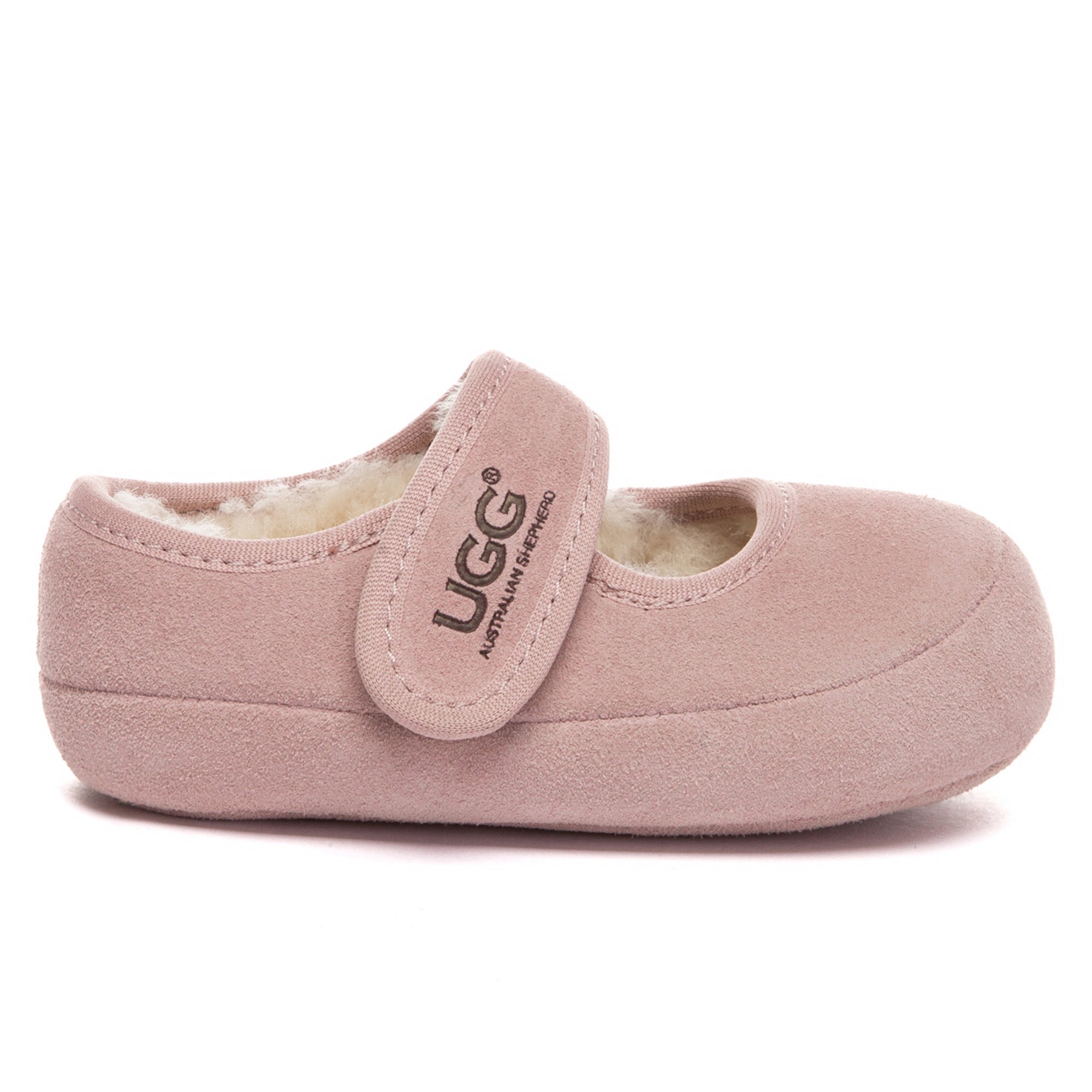 Kids UGG Millie Mary Jane toddler slippers by EverUgg, featuring soft pink fabric with bow accents and cozy sole.