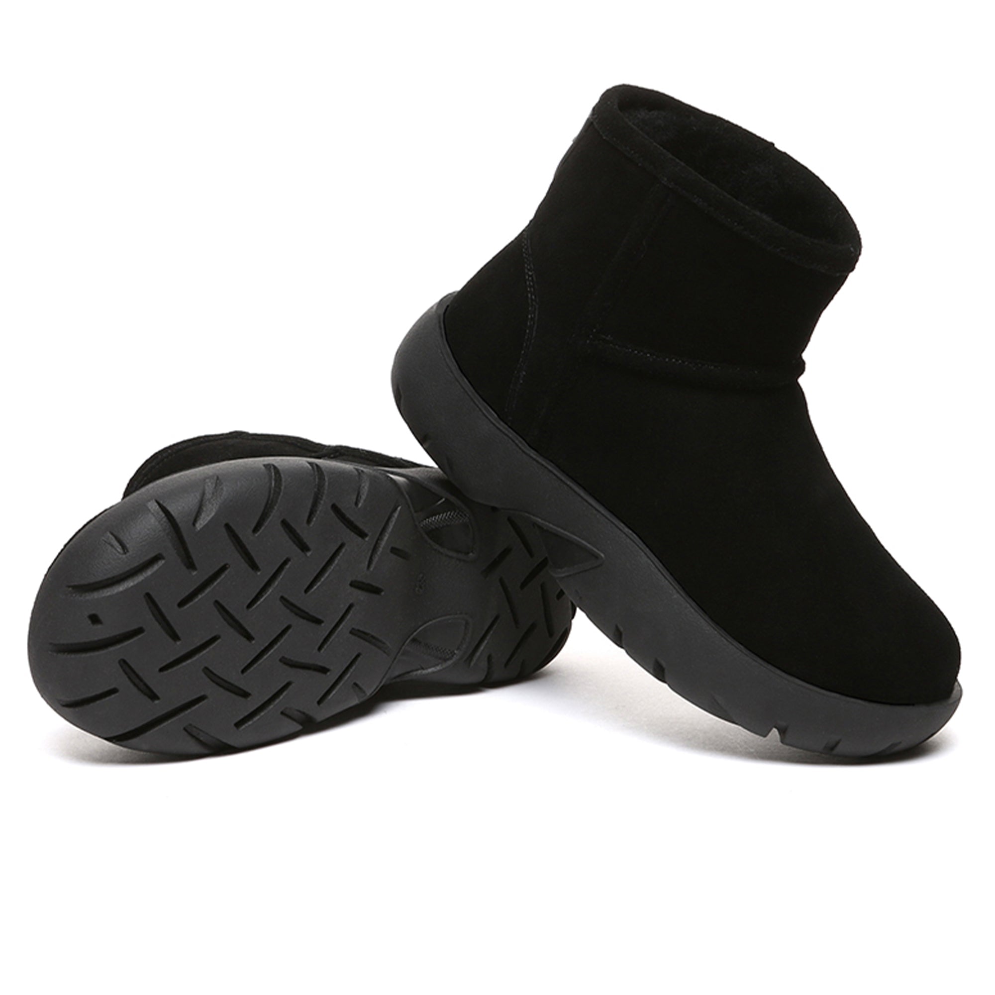 EverUgg UGG Mini Explorer Platform Boots showing black suede material, chunky soles, and ankle height on a neutral background.