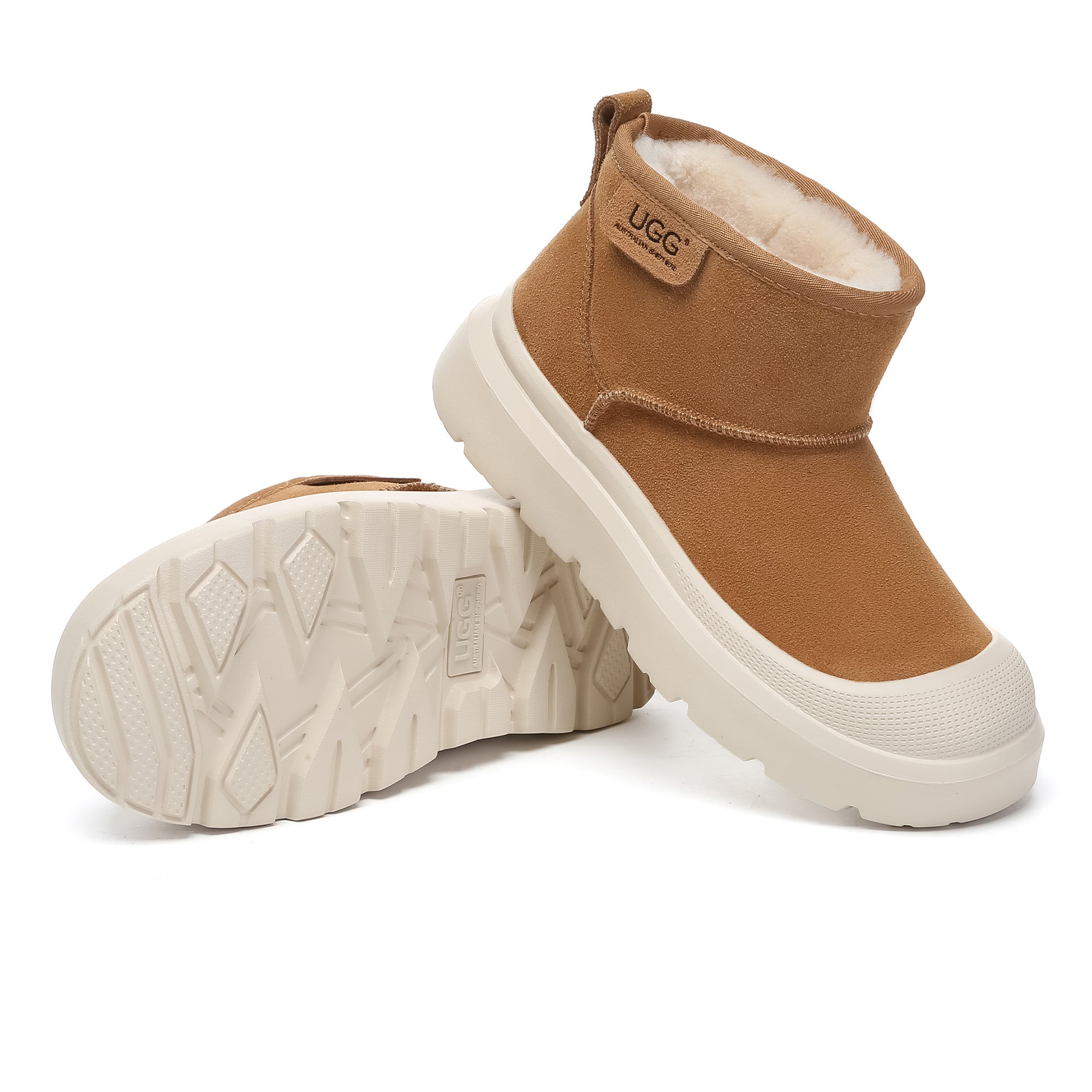 EverUgg UGG outdoor mini classic platform boots for women, showing black leather exterior and rugged sole design.