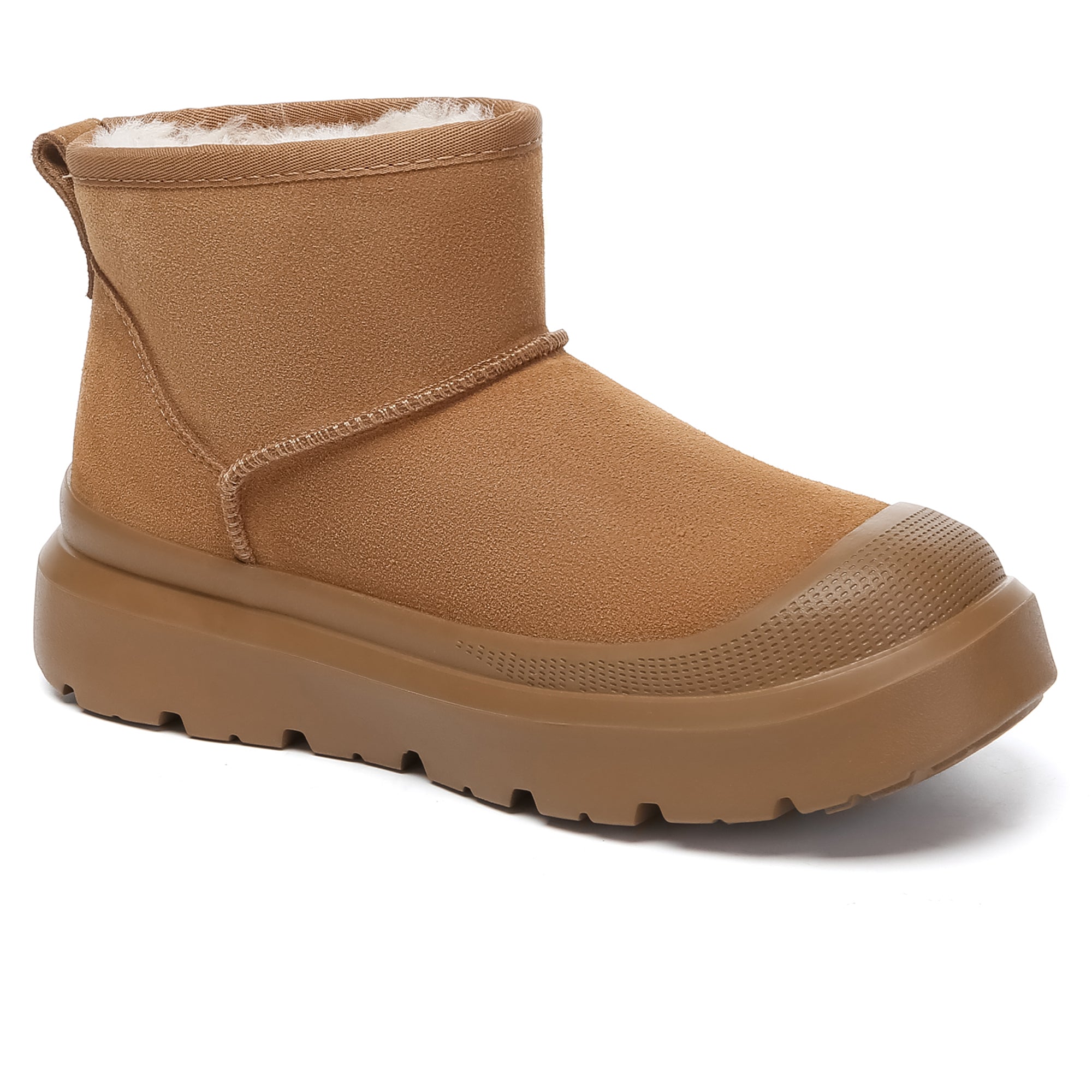 EverUgg UGG outdoor mini classic platform boots for women, showcasing tan suede material and rugged rubber sole.