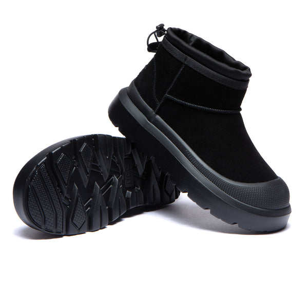 EverUgg UGG Outdoor Mini Classic Platform Boots II showing black leather exterior and rugged sole design.