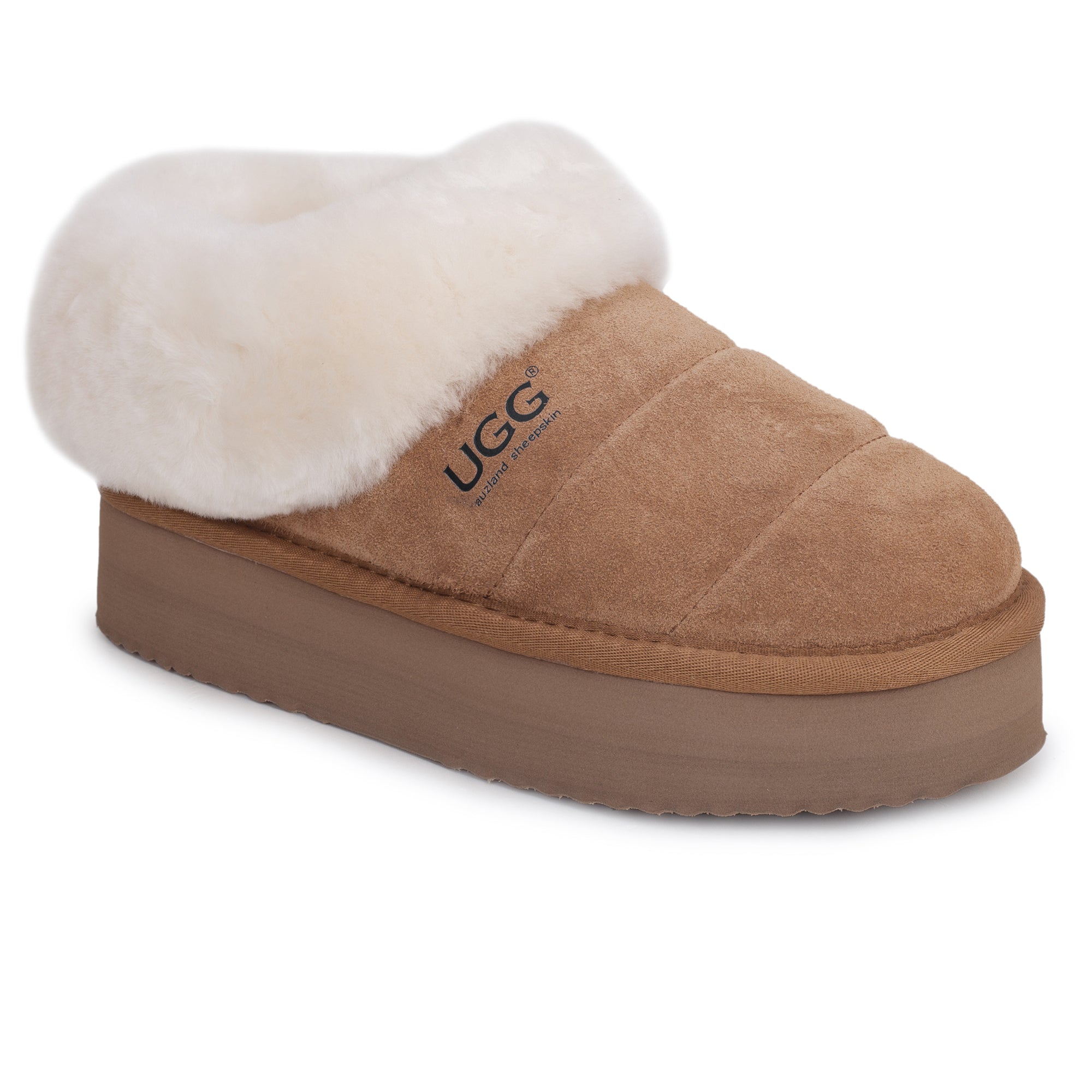 Auzland UGG platform ankle puffer slippers for women with quilted design, cozy faux fur lining, and chunky rubber sole.