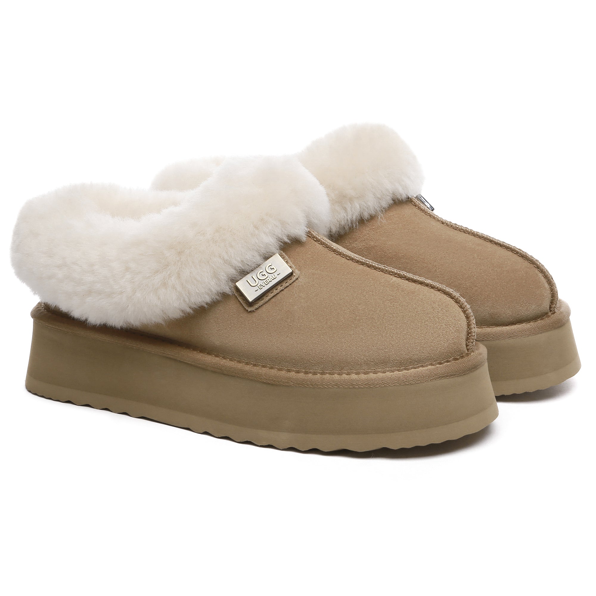 EverUgg UGG platform ankle slippers showcasing soft material, chunky sole, and stylish design for comfortable indoor wear.