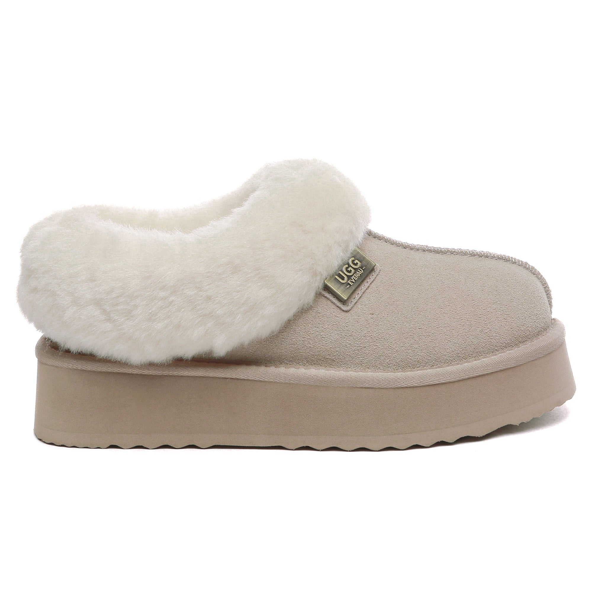EverUgg UGG platform ankle slippers, cozy slip-on shoes with plush lining and chunky sole, designed for comfort and casual wear.