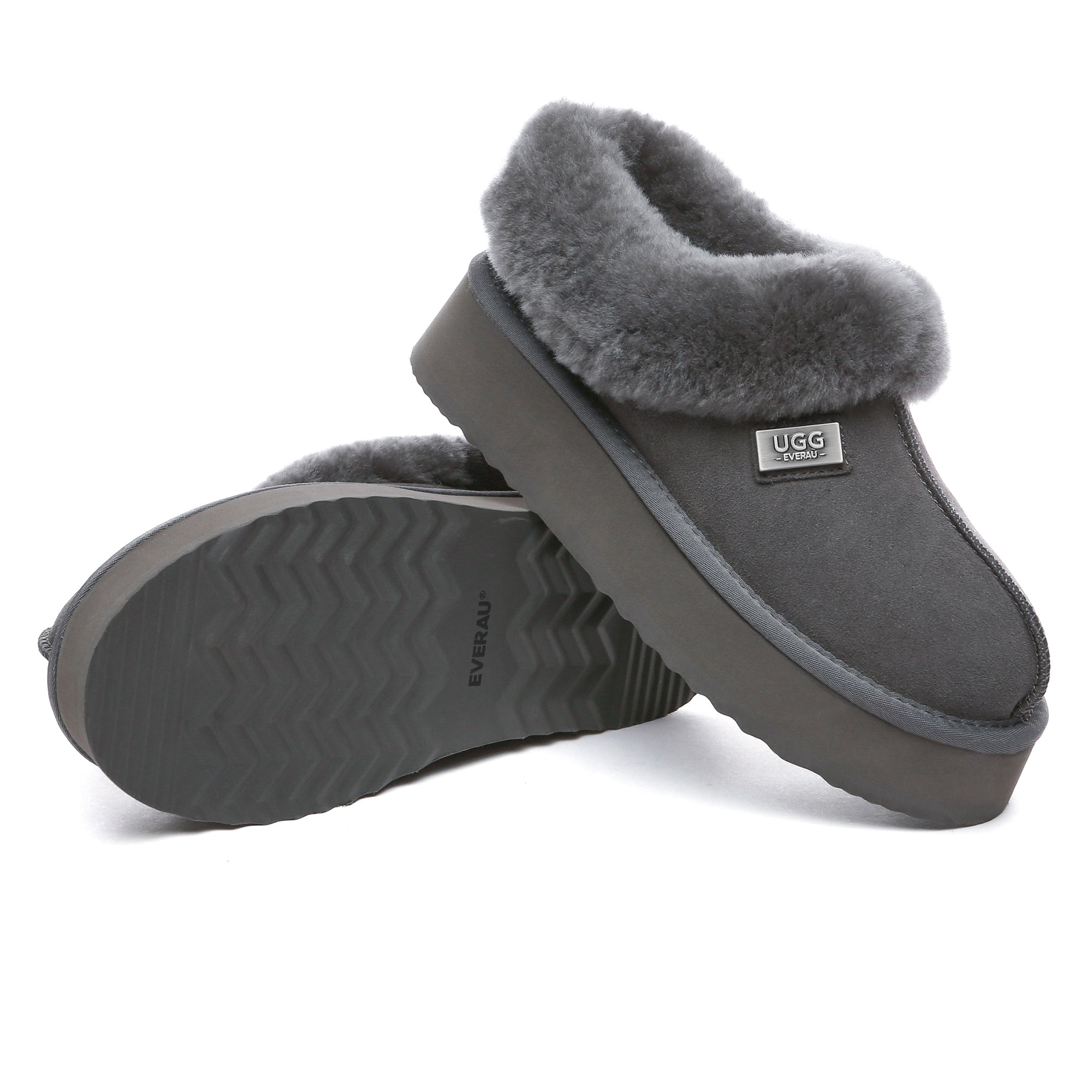 EverUgg UGG platform ankle slippers showing soft, plush fabric with a chunky sole and comfortable slip-on design.
