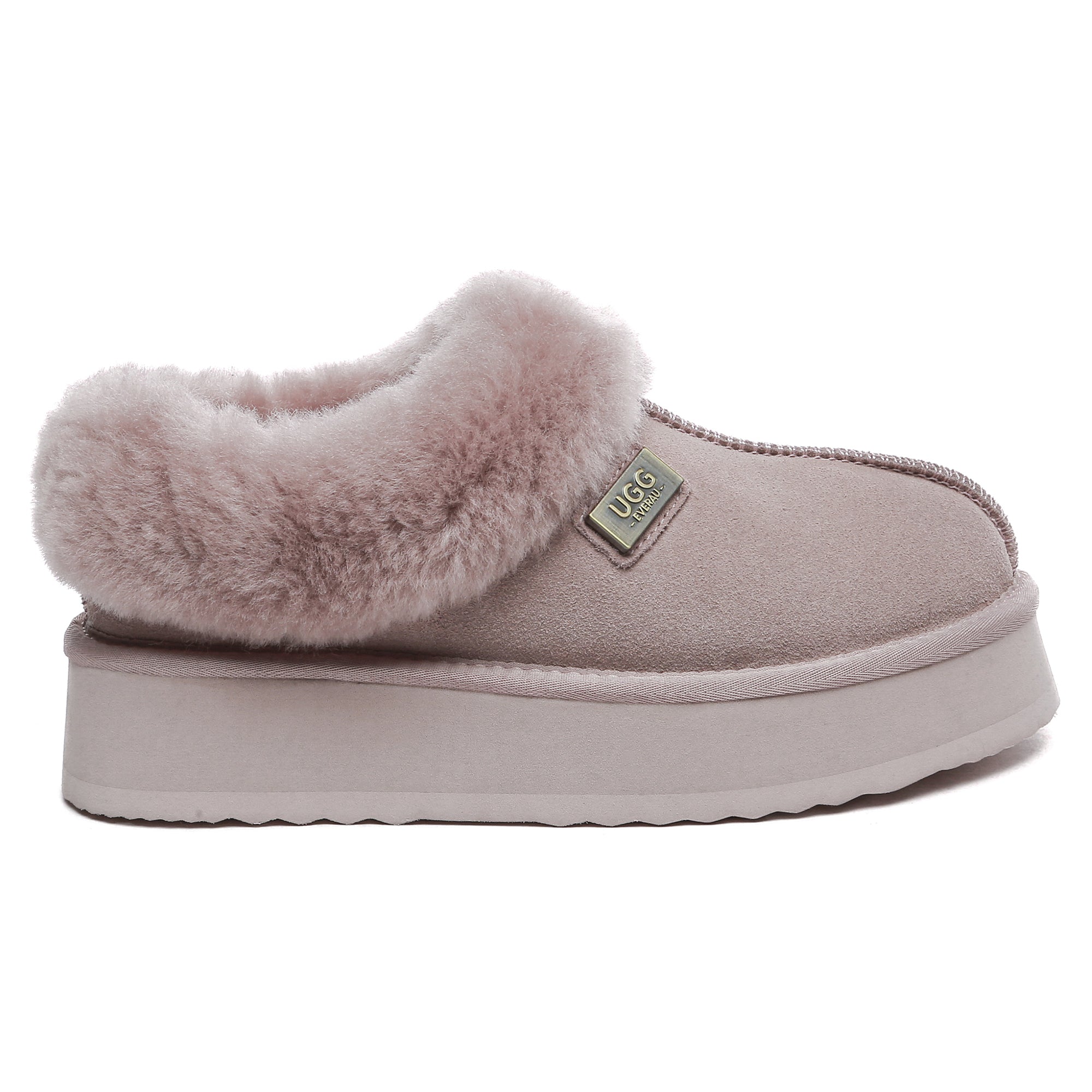 EverUgg UGG platform ankle slippers showing soft suede material and chunky sole, designed for comfort and casual wear.