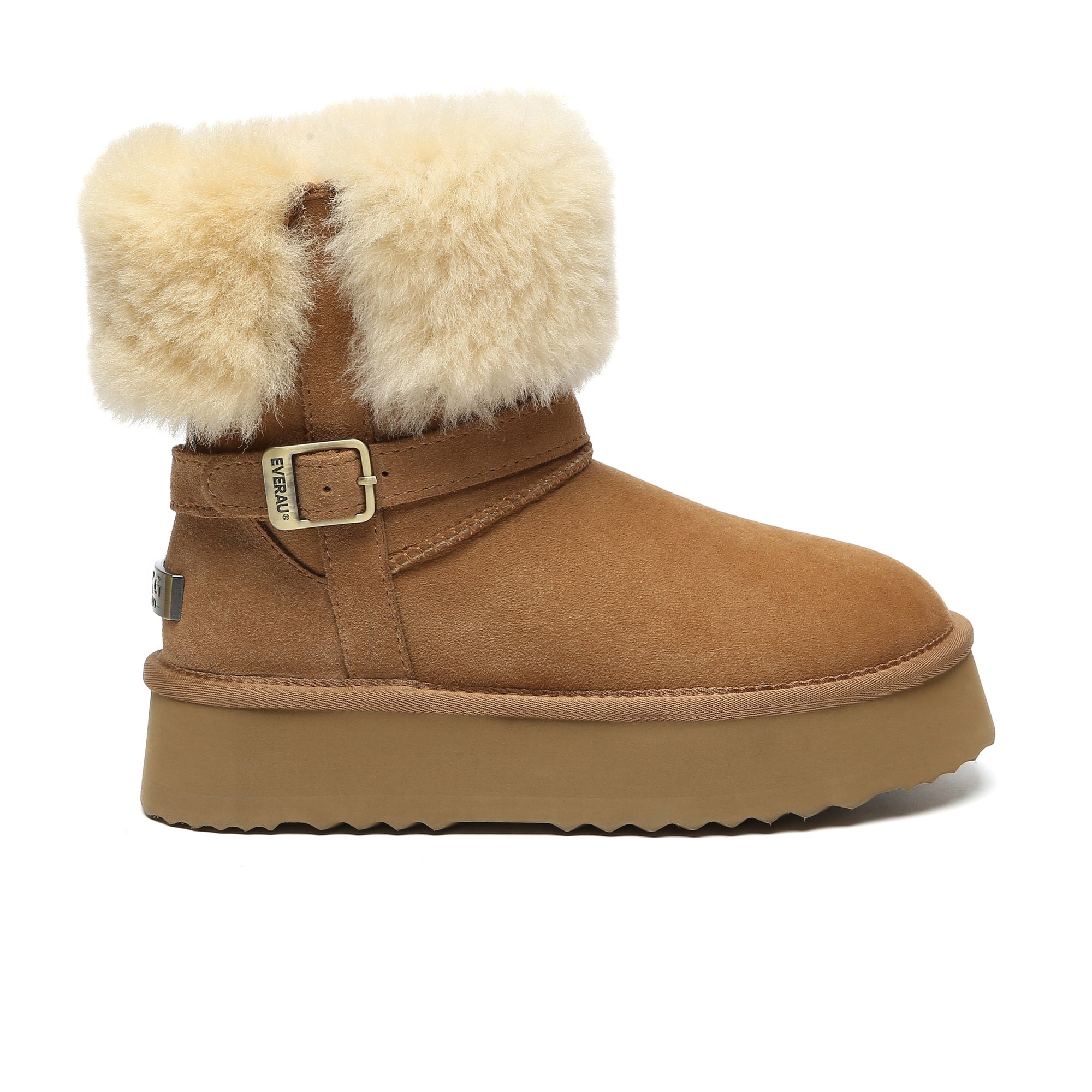 EverUgg UGG platform foldable short boots Valerie for women, showing the stylish brown leather exterior and foldable design.