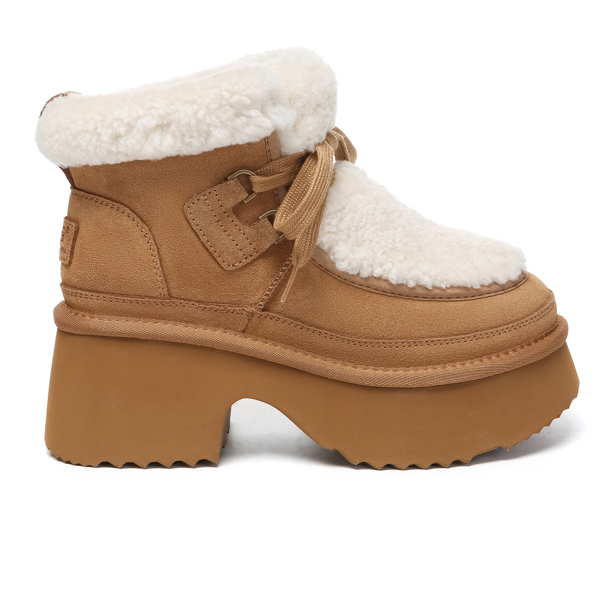 EverUgg platform lace-up boots with shearling upper, stylish women's shoes featuring a chunky sole and cozy shearling lining.