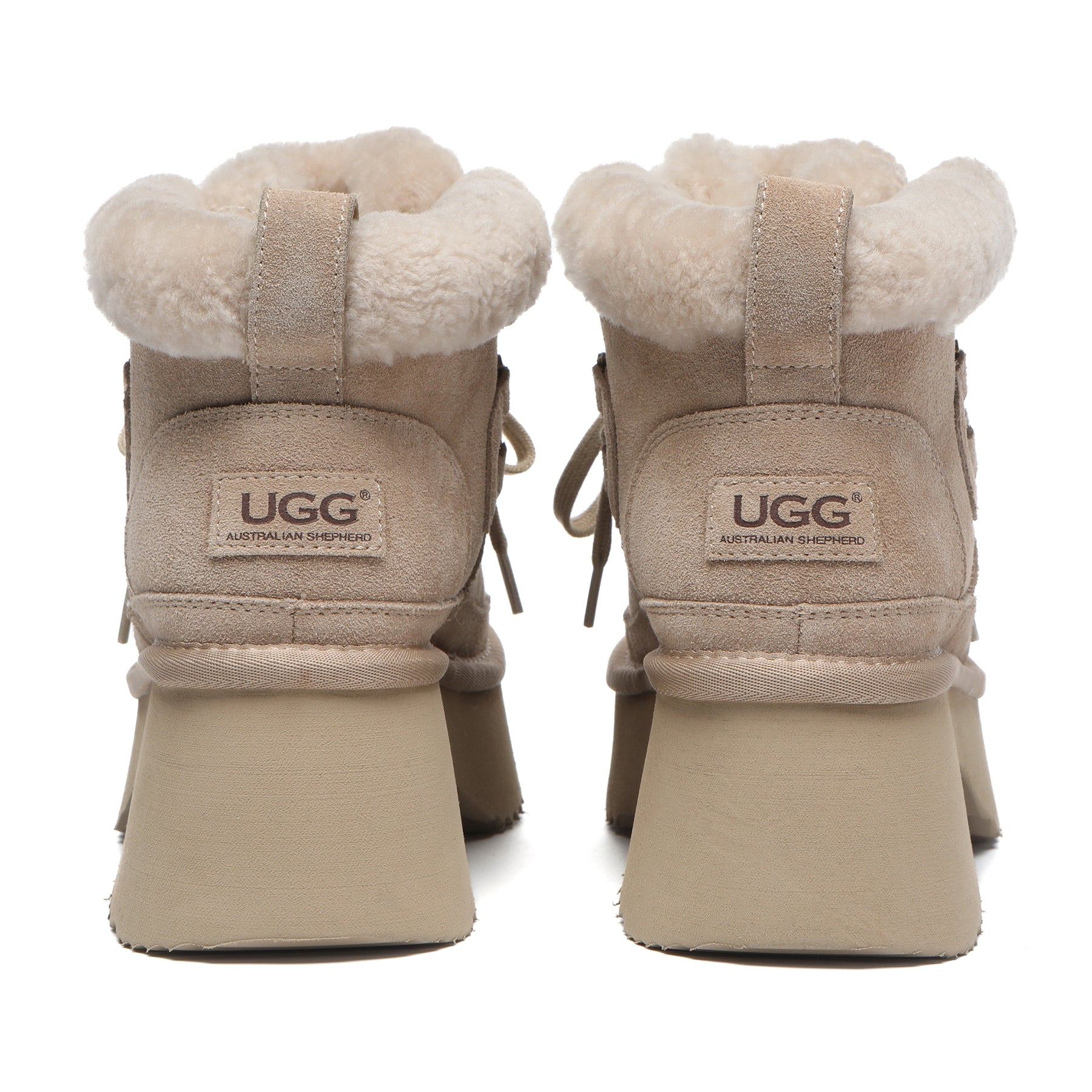 EverUgg platform lace-up women's boots with shearling upper, featuring a stylish design and chunky sole for fashionable comfort.