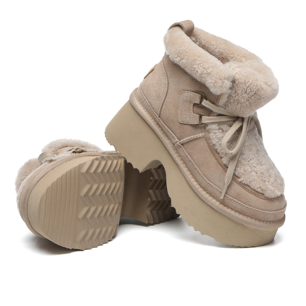 EverUgg UGG platform lace-up shearling upper women's boots with tan shearling lining and rugged rubber sole.