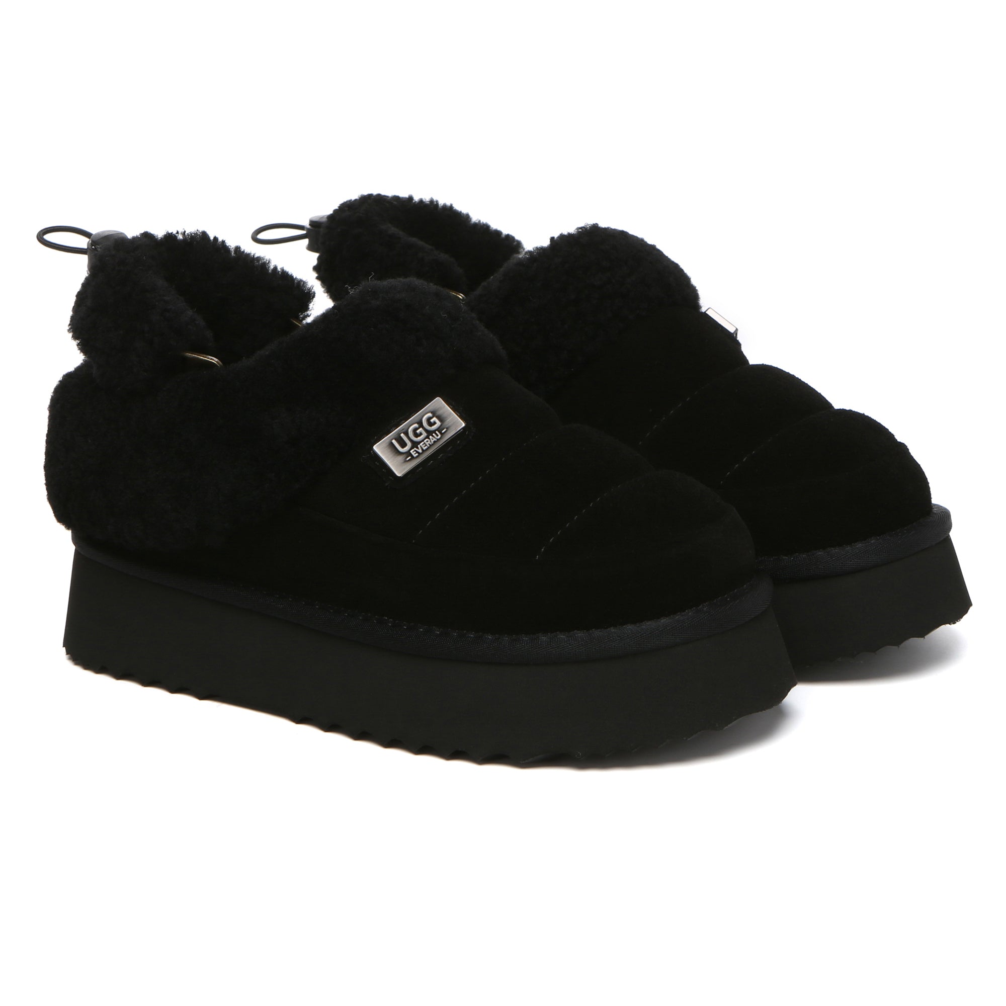 EverUgg UGG platform slingback muffin slippers for women, showcasing soft, plush slippers with a platform sole and slingback strap.