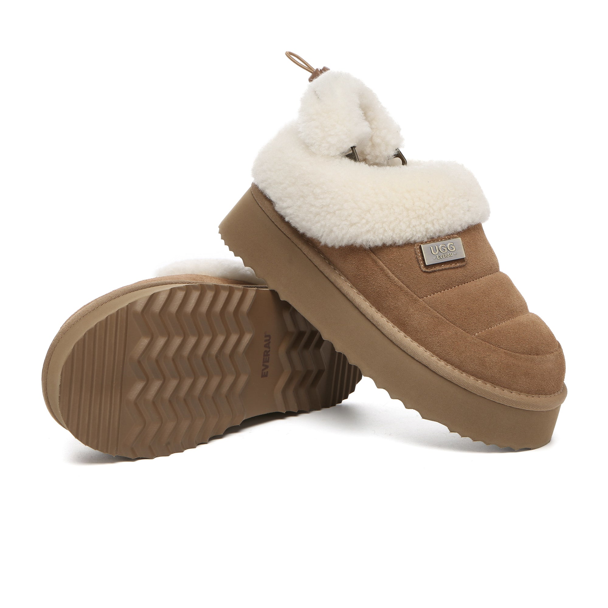 EverUgg UGG platform slingback muffin slippers for women, beige with cushioned sole and open back, stylish and comfortable footwear.