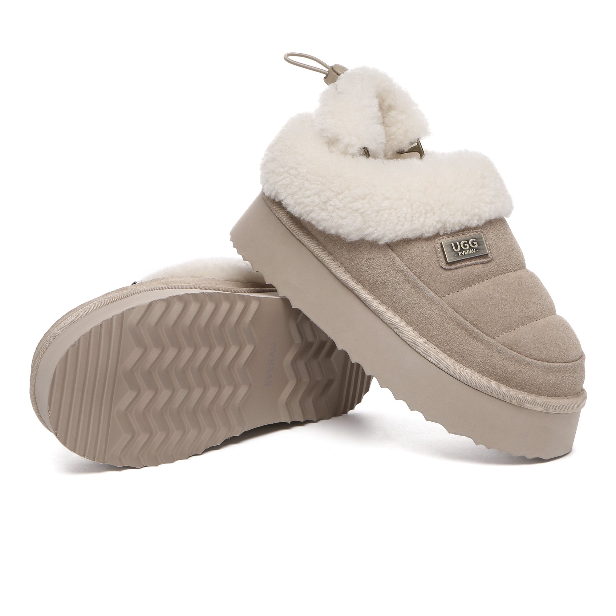 EverUgg UGG platform slingback muffin slippers for women, featuring cozy design and stylish slip-on shoes with a platform heel.