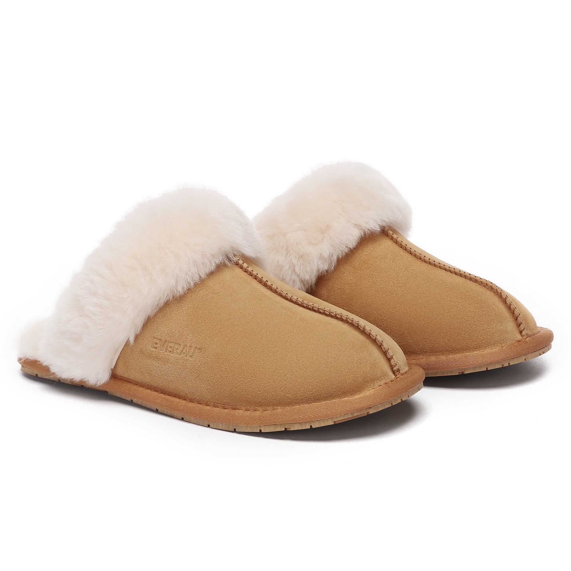 EverUgg UGG Premium Scuff Slippers II featuring soft plush lining and tan suede exterior, ideal for cozy indoor wear.