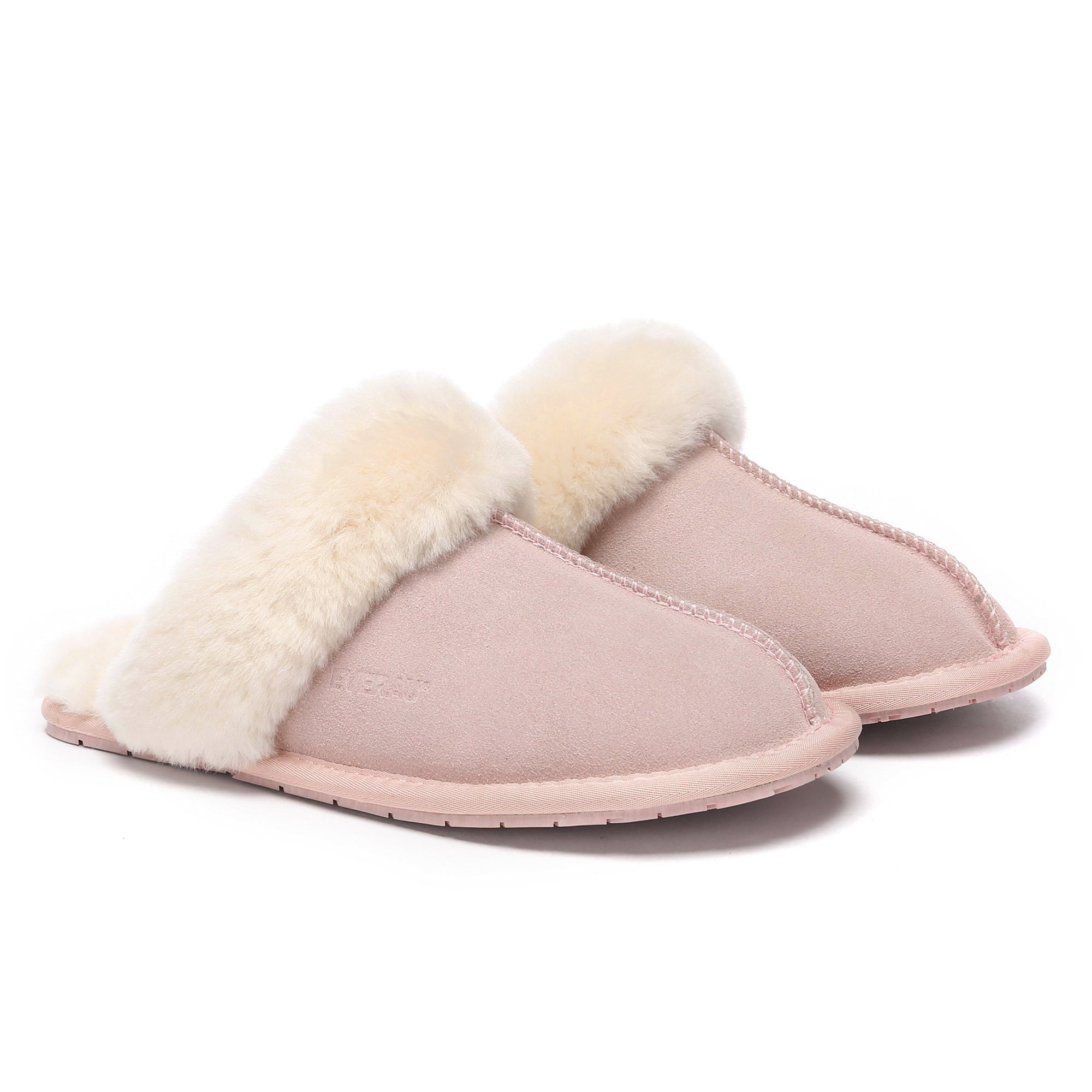 EverUgg UGG Premium Scuff Slippers II with soft fur lining and beige suede exterior, slip-on design for comfortable indoor wear.