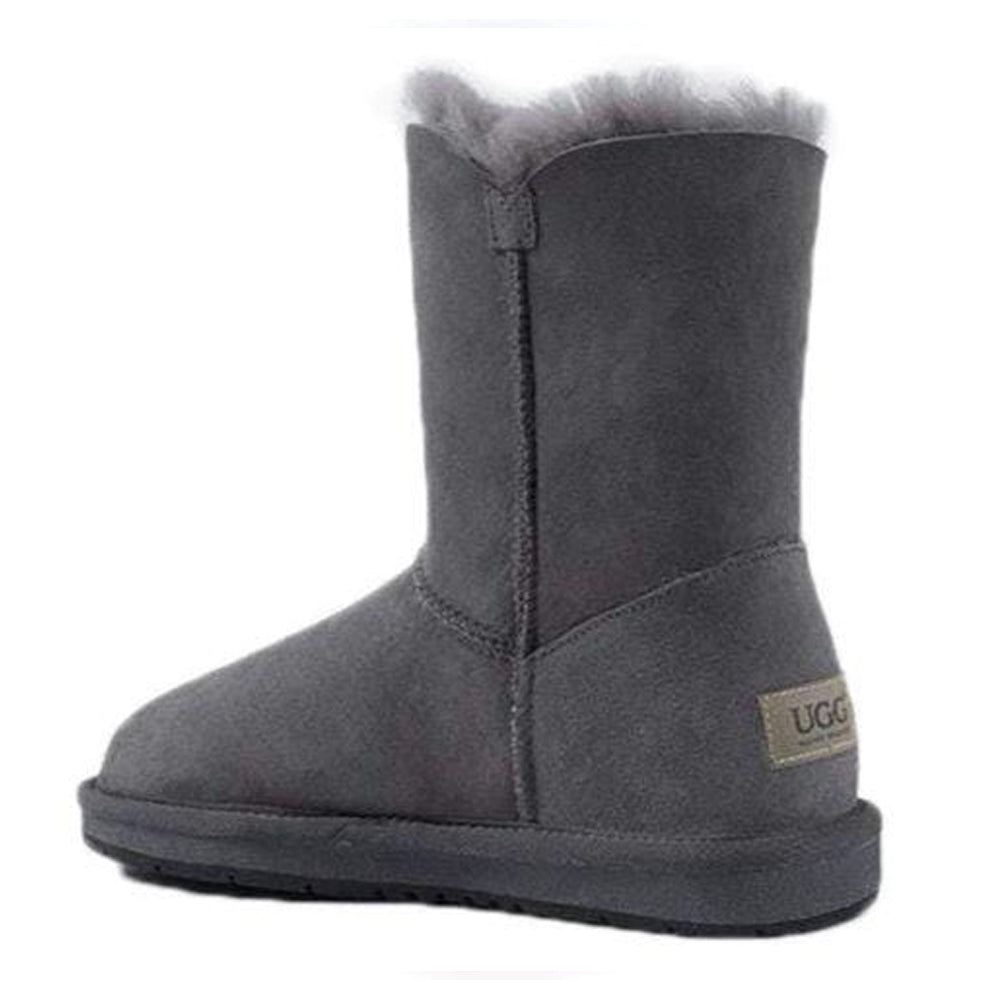 Auzland grey UGG Premium Short 1-Button Classic Boots for women, showcasing the cozy, short sheepskin-lined UGG shoes with a single button detail.