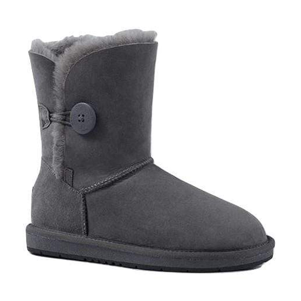 A pair of grey Auzland UGG Premium Short 1-Button Classic Boots for women, featuring a cozy sheepskin interior and short boot design.