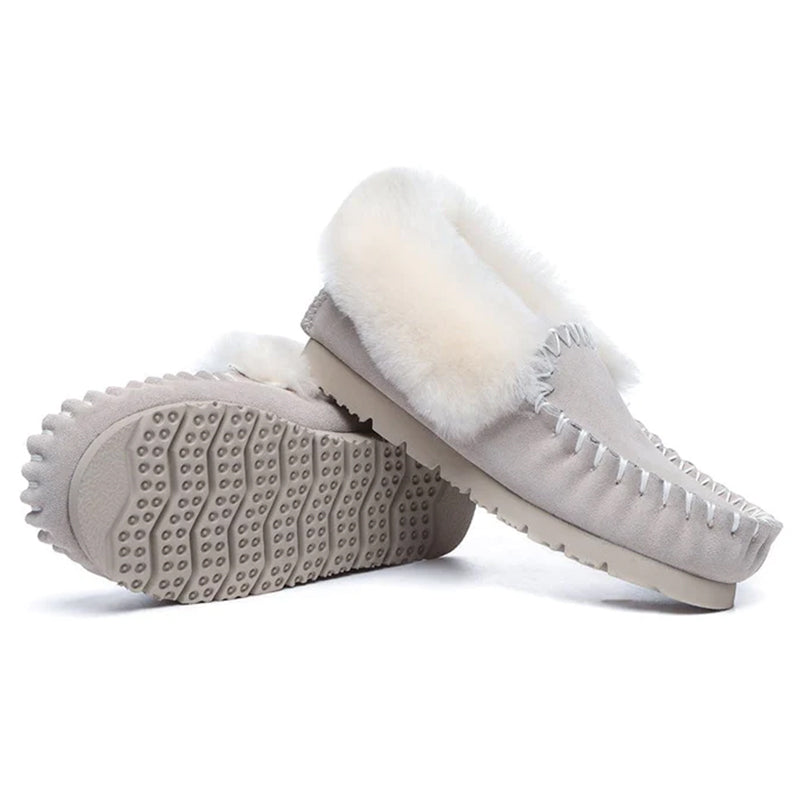 EverUgg women's UGG Premium Traditional Moccasin slippers in beige, featuring soft suede exterior and plush interior for comfort.