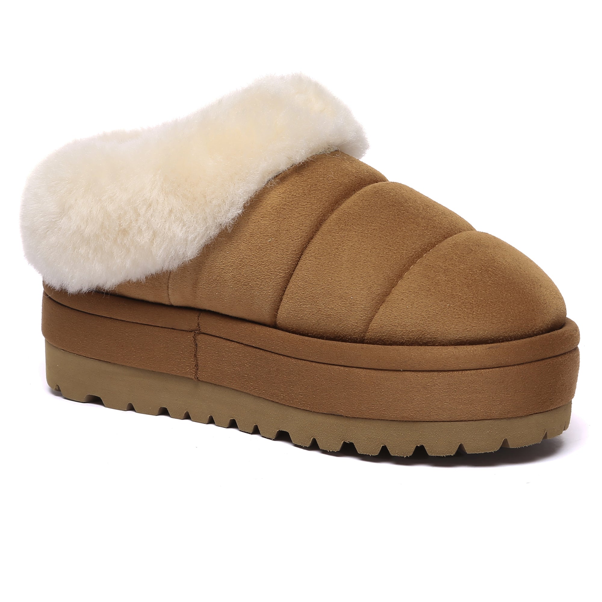 EverUgg UGG Puffer Ankle Platform Slippers for women, featuring padded puffer design and slip-on style in neutral colors.