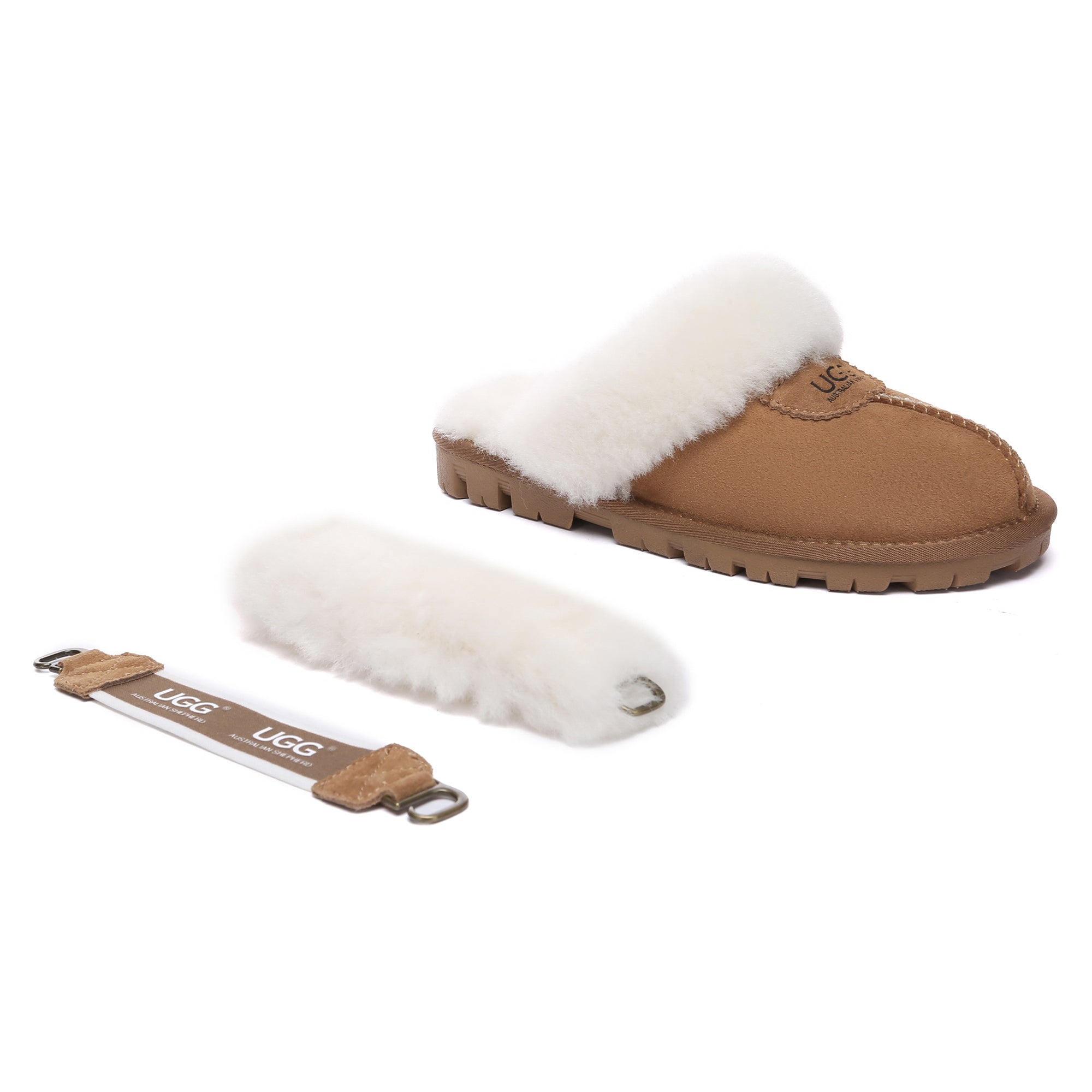 EverUgg UGG removable slingback waffle fluffy slippers for women, showcasing soft, plush slipper with adjustable strap and waffle sole detail.
