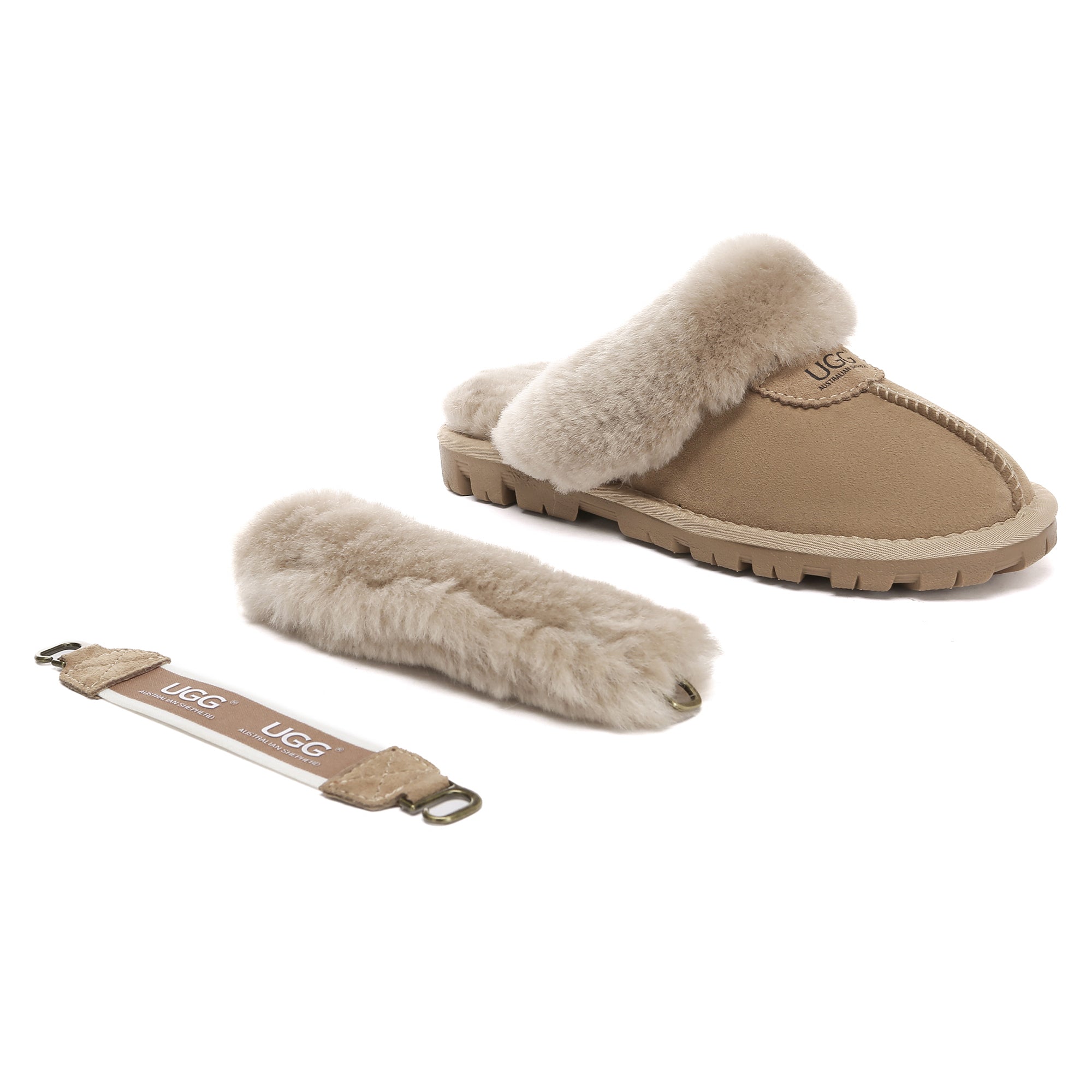 EverUgg women's UGG removable slingback waffle fluffy slippers with plush interior and casual slip-on style.