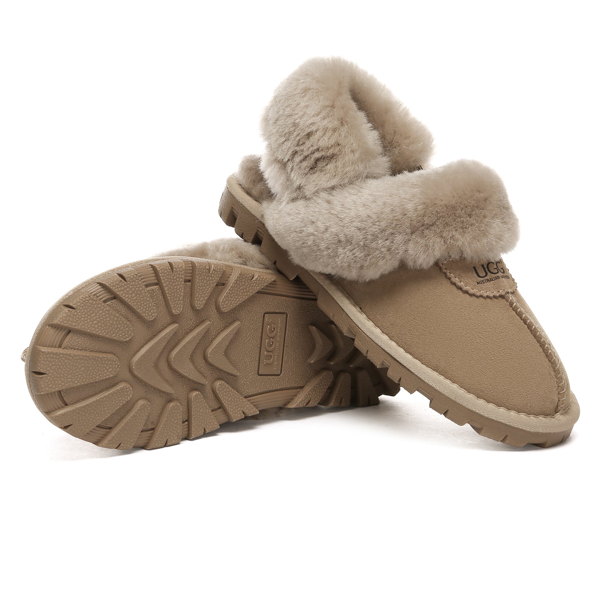 EverUgg UGG removable slingback waffle fluffy slippers for women, featuring cozy, textured waffle soles and plush fur lining.