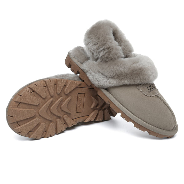 EverUgg UGG removable slingback waffle fluffy slippers for women featuring plush texture and comfortable design.