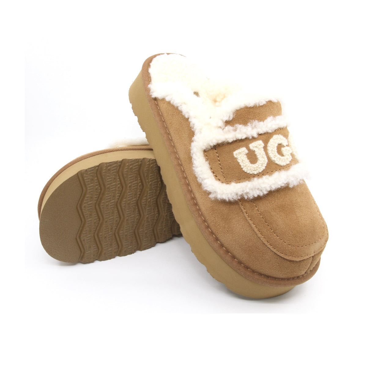Auzland UGG shearling platform slippers in chestnut, cozy slip-on shoes for women with plush shearling lining and sturdy platform sole.