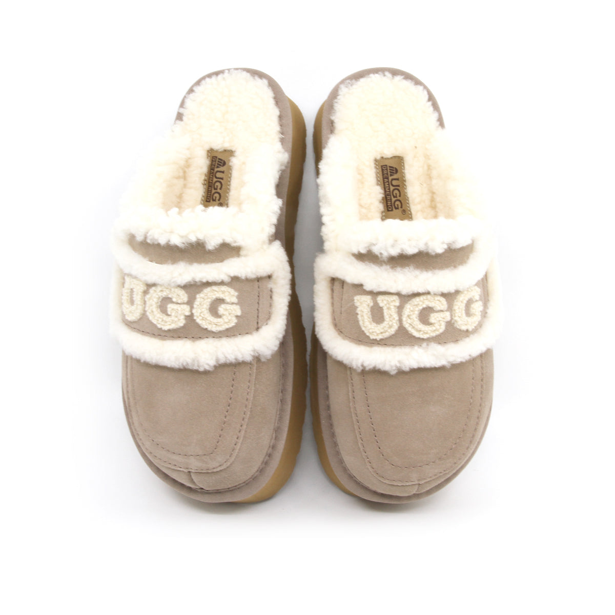 Auzland UGG shearling platform slippers in brown with plush shearling lining and slip-on design, perfect for cozy indoor wear.