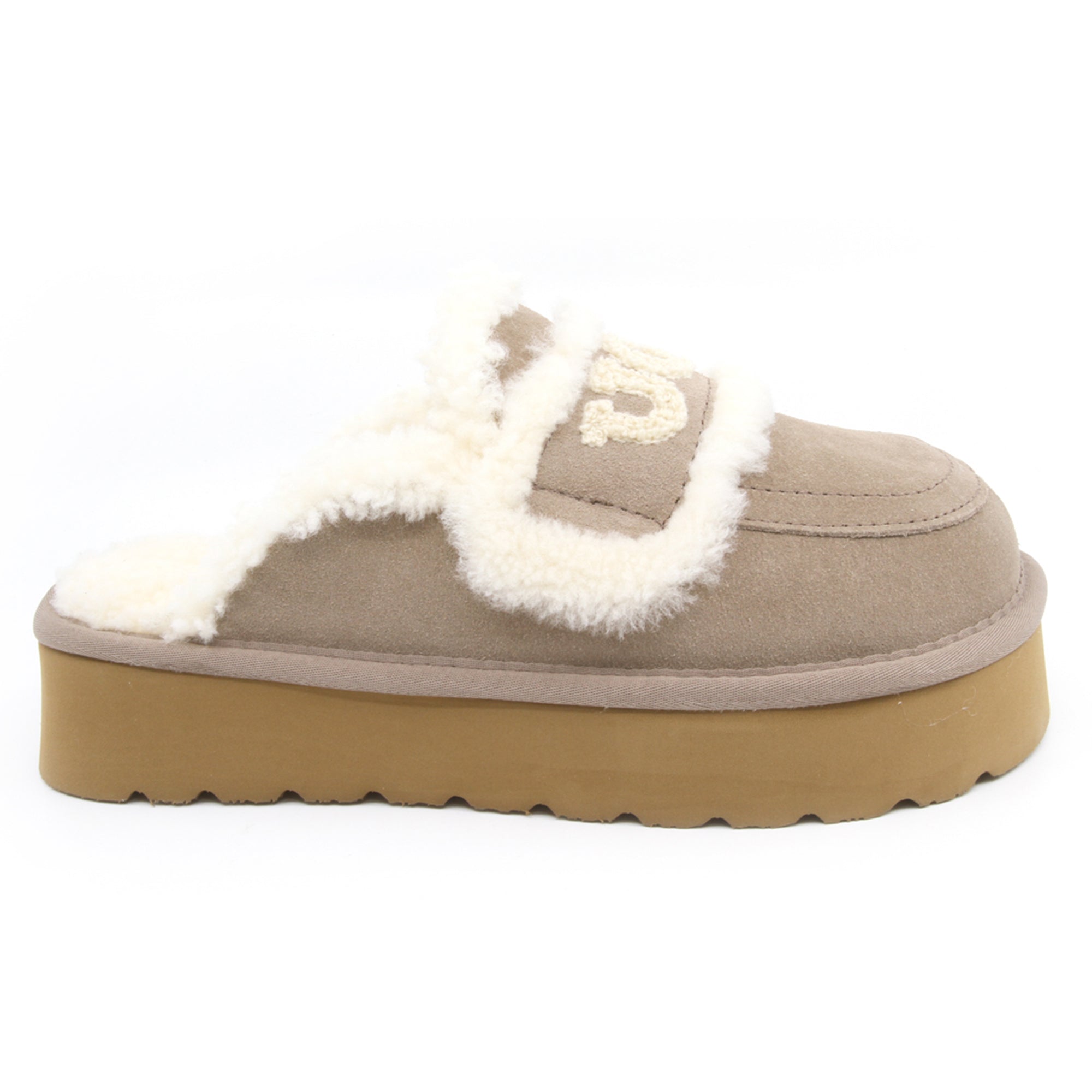 Auzland UGG shearling platform slippers in brown with plush lining and thick sole, designed for comfortable women's indoor wear.