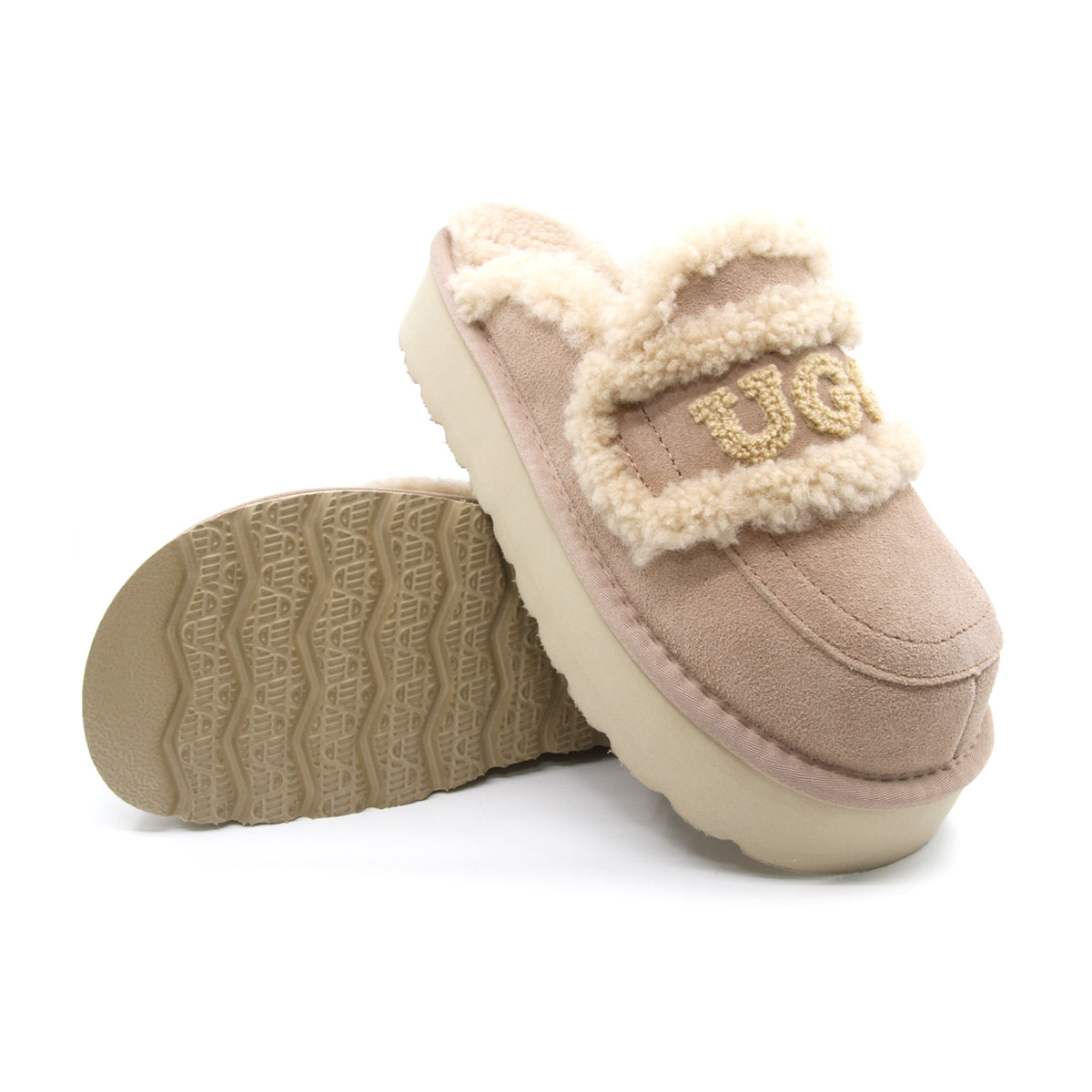Auzland UGG shearling platform slippers in bronze, cozy women's slip-on shoes with plush shearling lining and sturdy sole.
