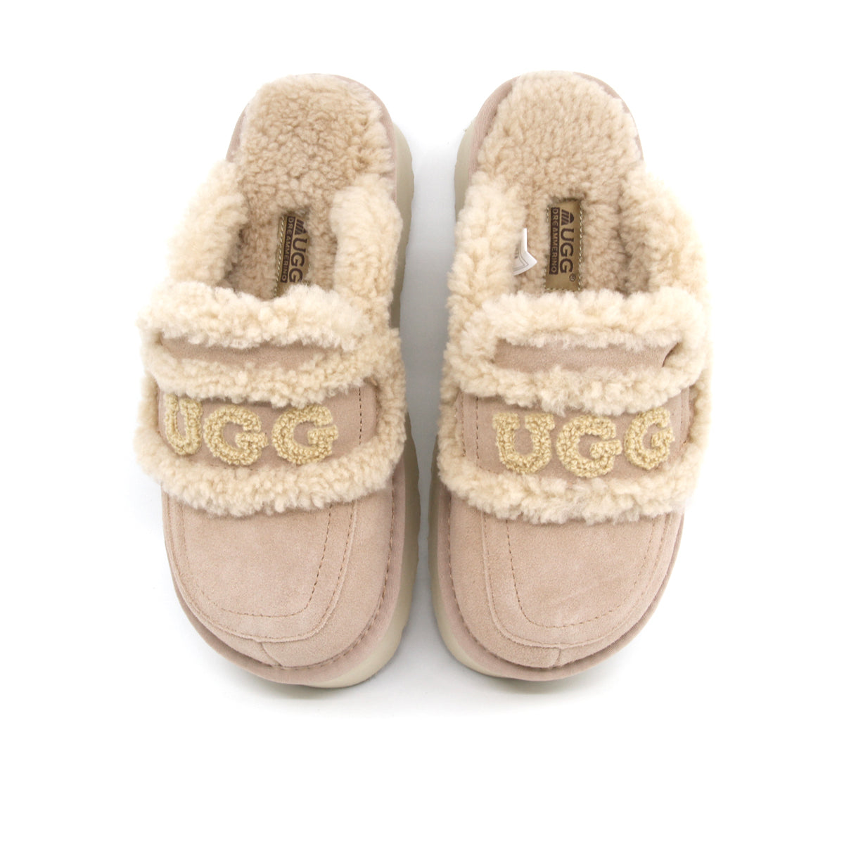 Auzland UGG shearling platform slippers in bronze, women's cozy slip-on shoes with plush shearling lining and sturdy platform sole.