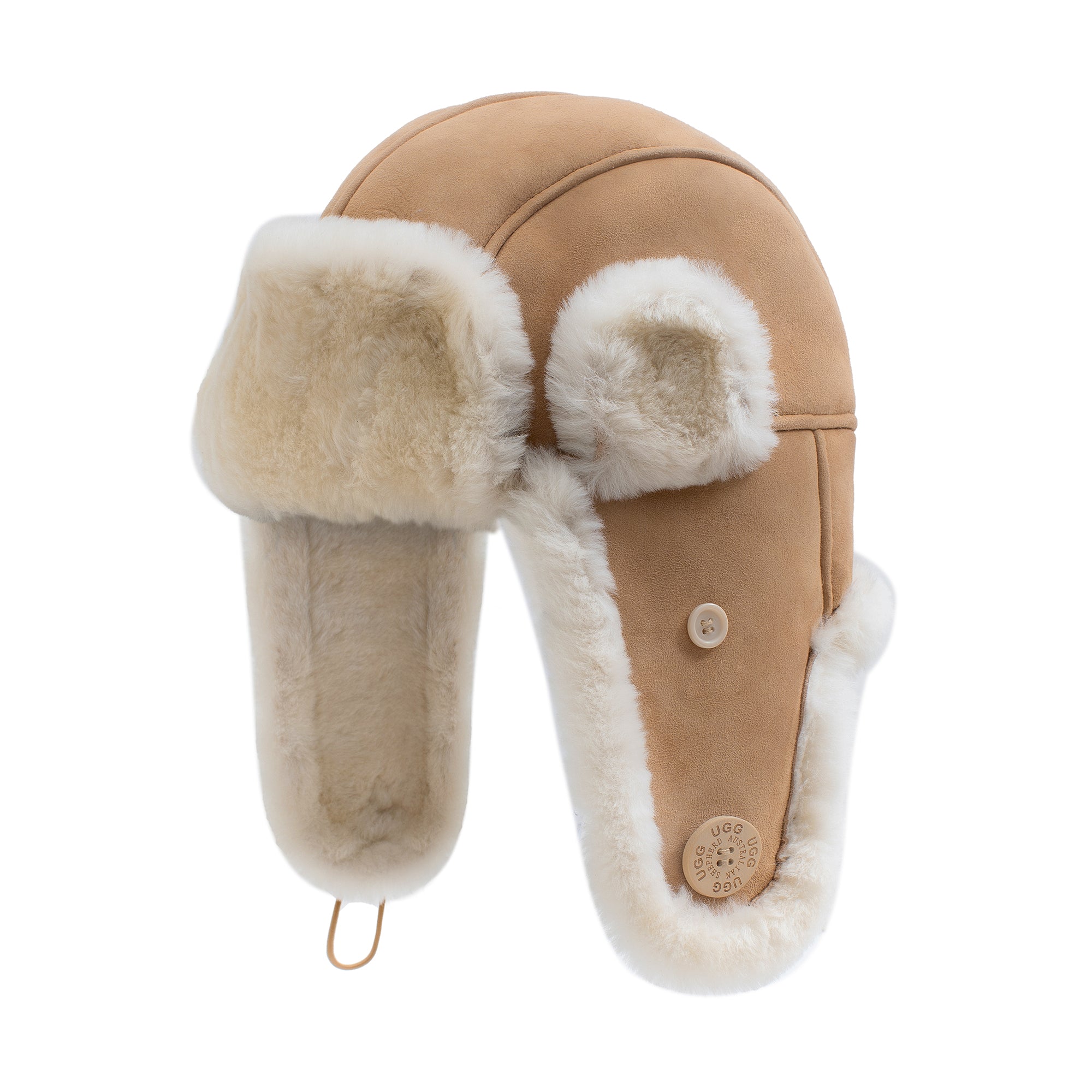 EverUgg UGG sheepskin adjustable aviator hat in chestnut with fur lining and chin strap, stylish winter apparel accessory.