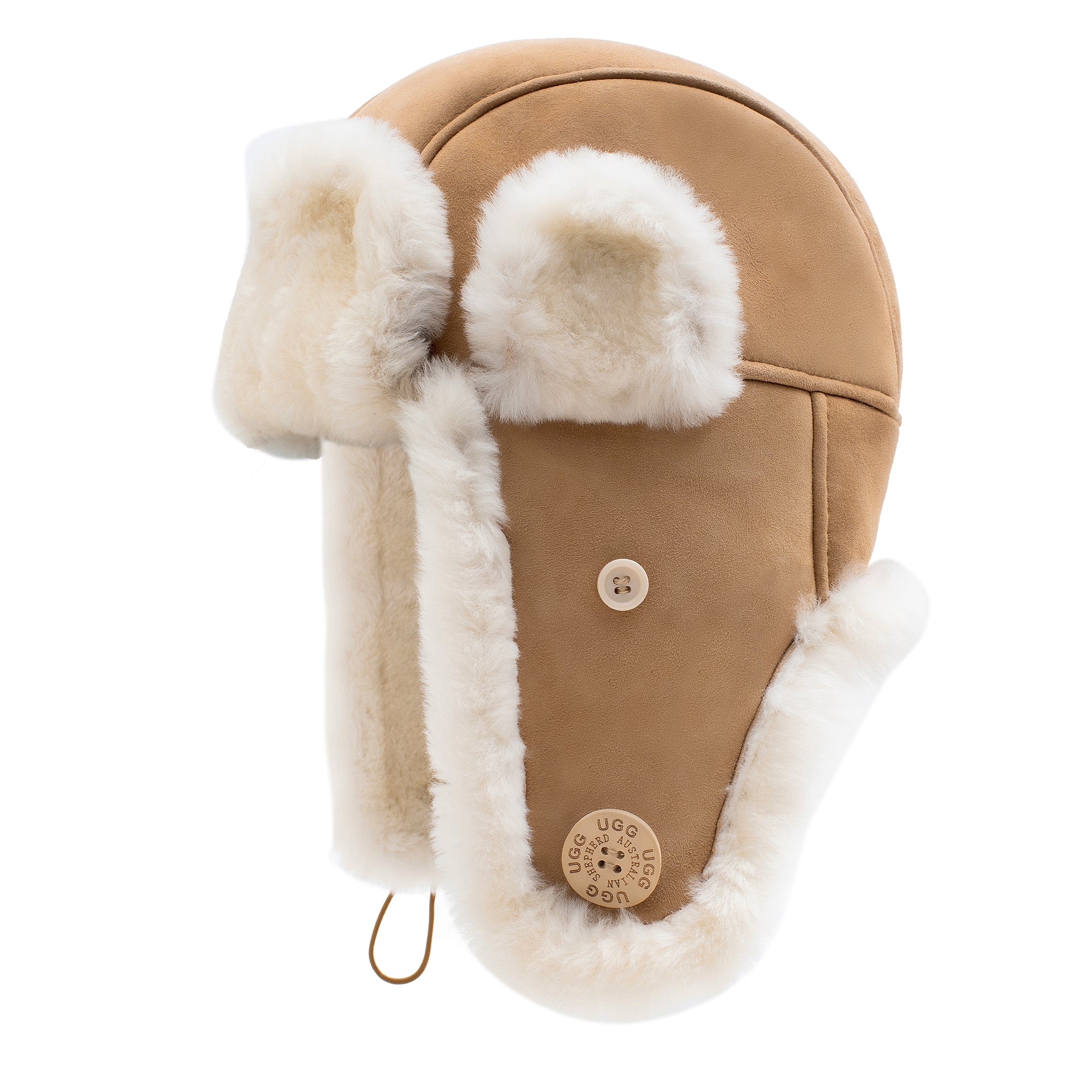 EverUgg UGG sheepskin adjustable aviator hat in chestnut, featuring plush sheepskin lining and strap for a cozy fit.