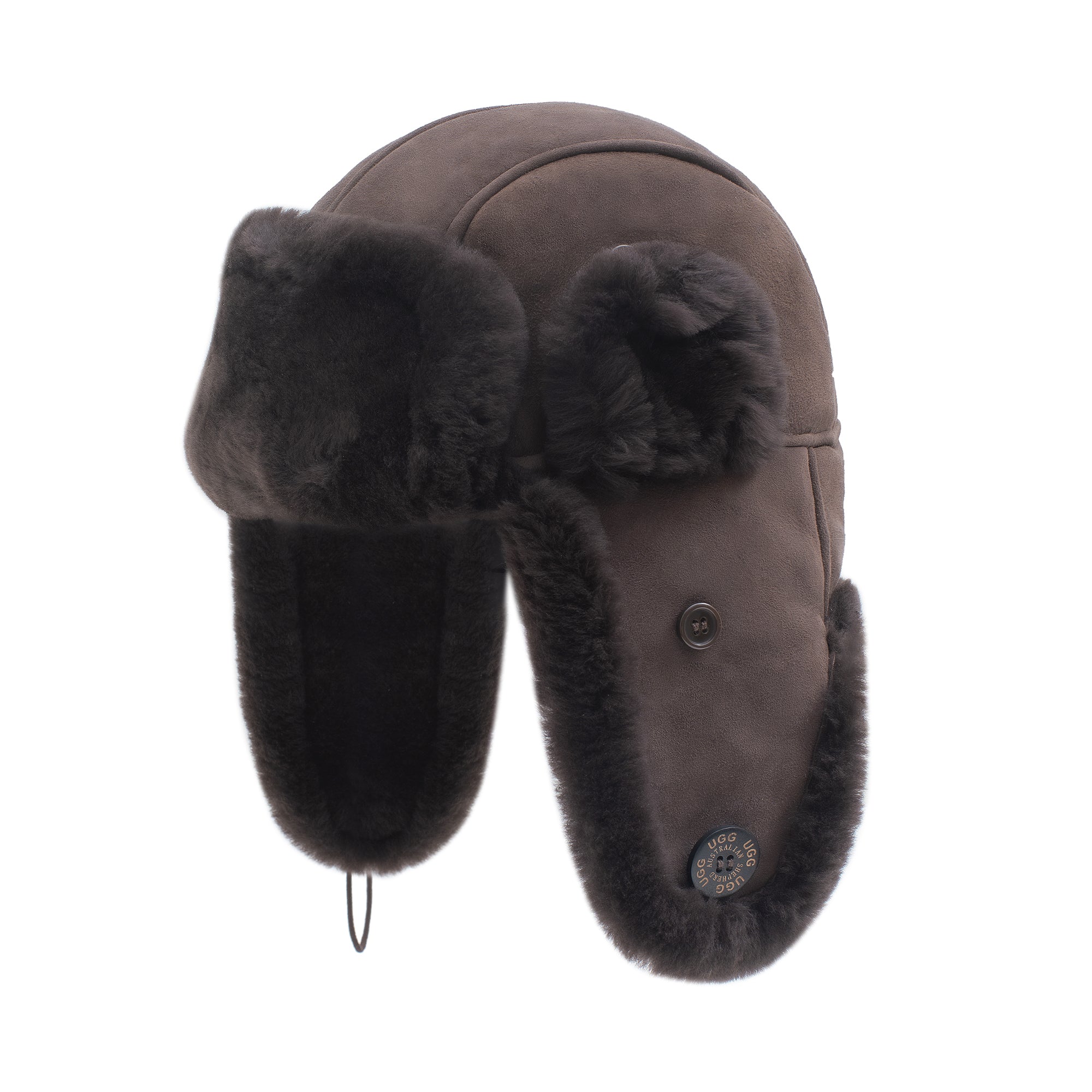 EverUgg UGG sheepskin aviator hat in chocolate brown with adjustable strap and ear flaps, cozy and stylish for cold weather.