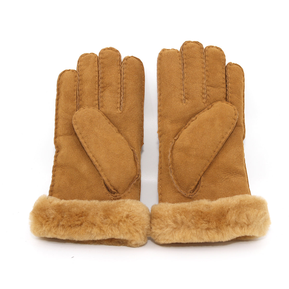 Auzland UGG sheepskin gloves in chestnut color, showing soft, warm leather exterior and cozy interior lining.