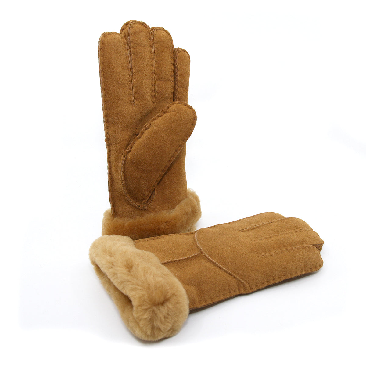A pair of Auzland UGG sheepskin gloves in chestnut color, showing the soft, plush exterior and cozy design.