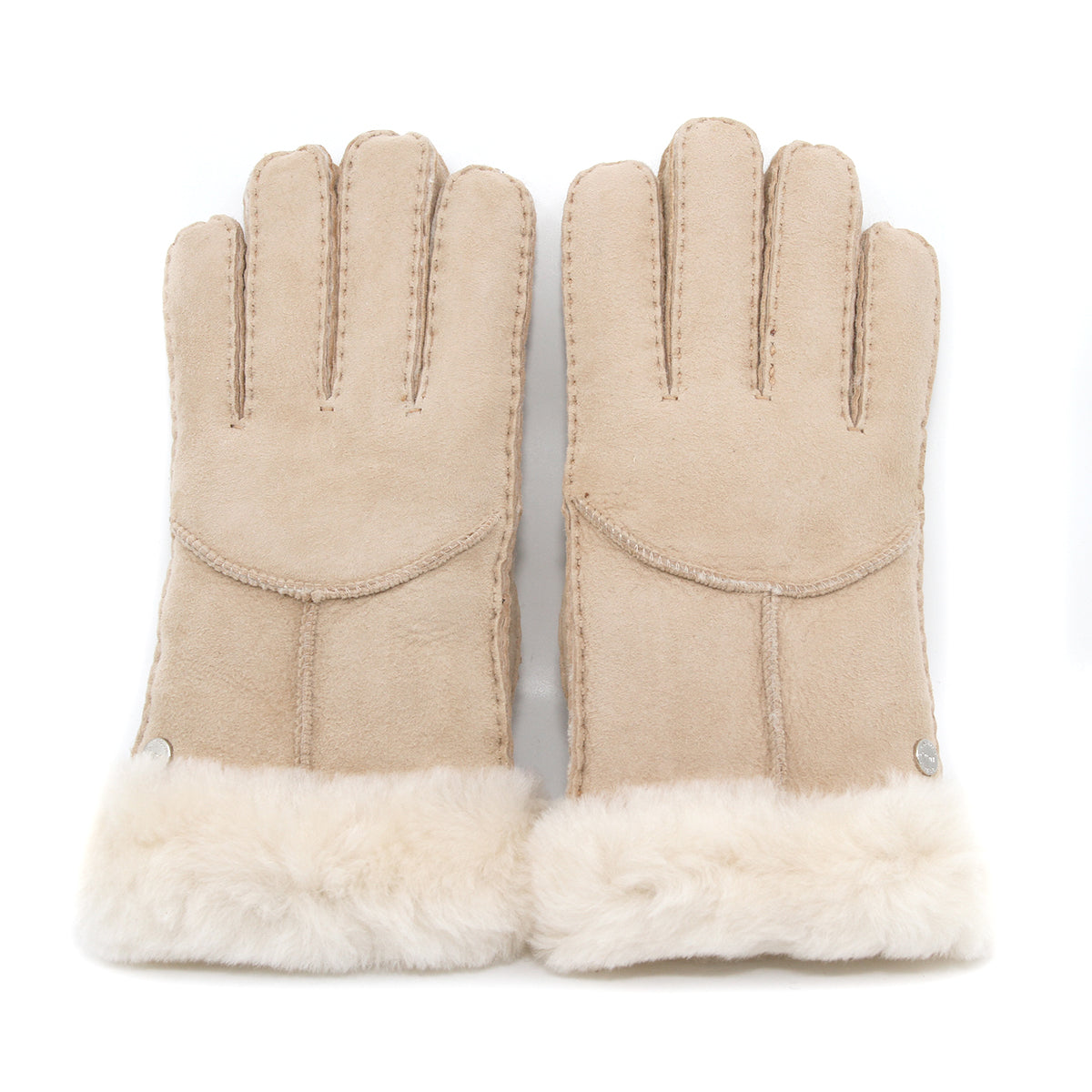Auzland UGG sheepskin gloves in sand color, close-up showing soft sheepskin material and cozy fit.