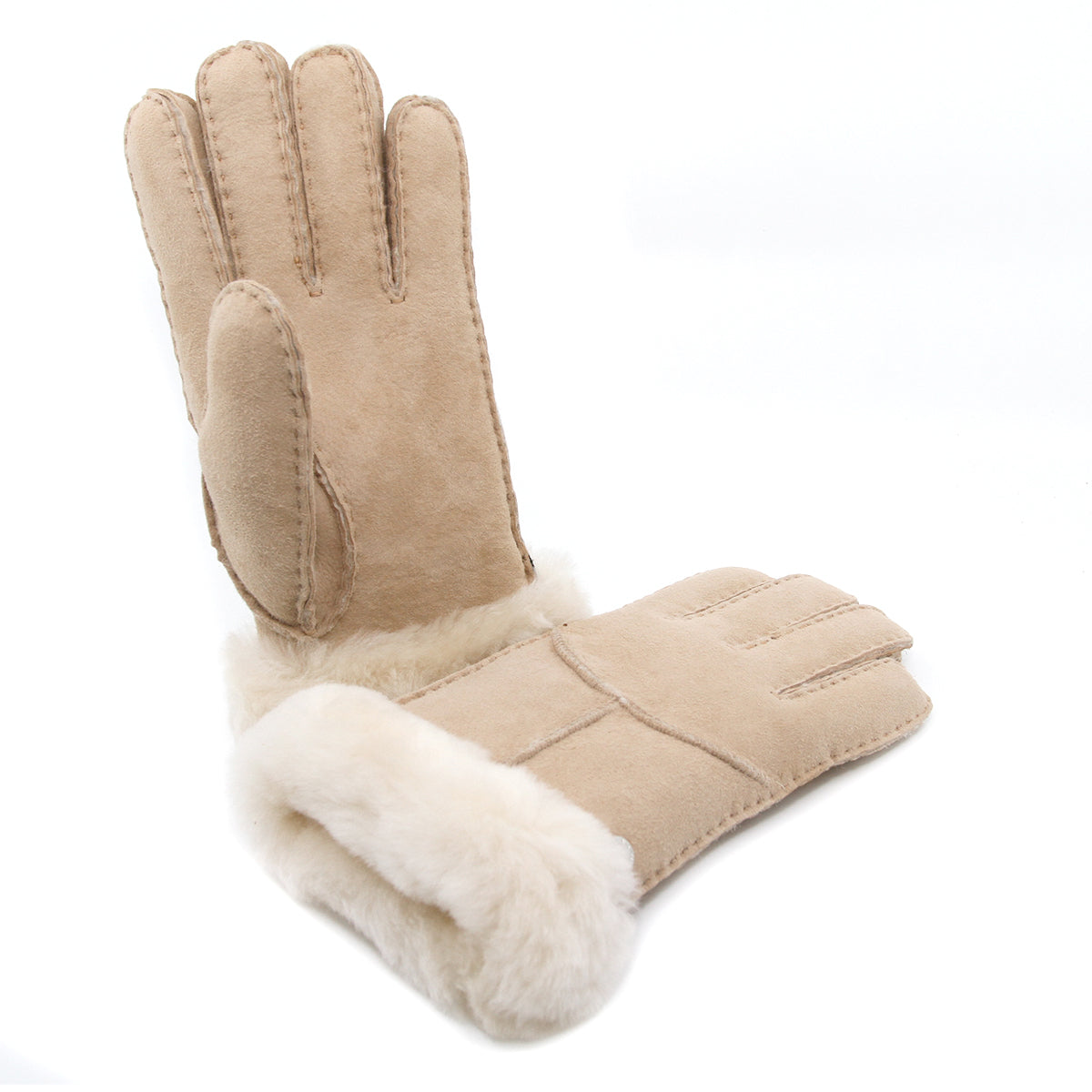 Auzland UGG sheepskin gloves in sand color, showcasing soft sheepskin material and cozy fit.