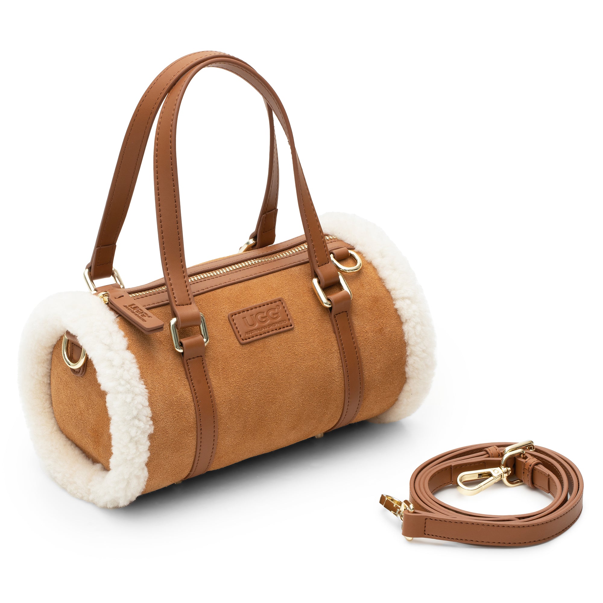 EverUgg UGG sheepskin hand carry bag with soft texture, featuring a compact design and top handle for stylish everyday use.