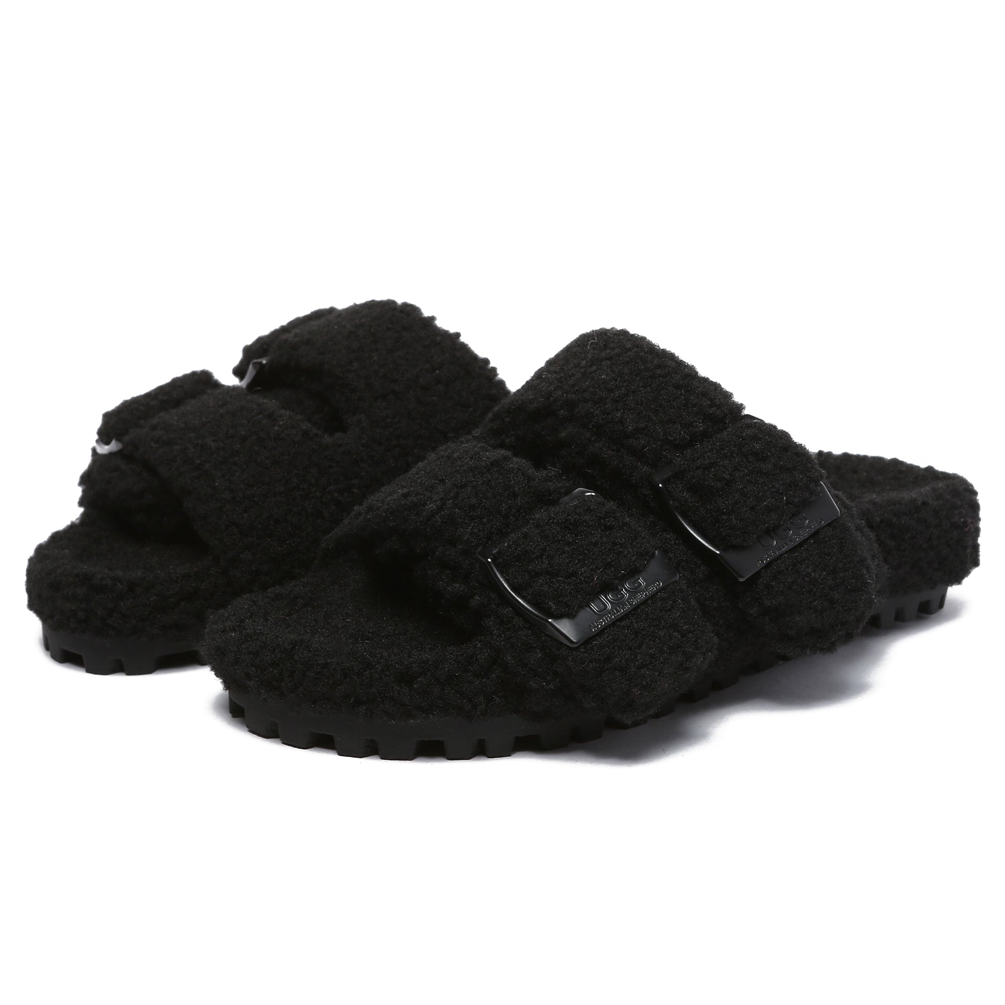 EverUgg UGG slippers for women, adjustable buckle sandal slides, Ella style, with soft straps and slip-on design.