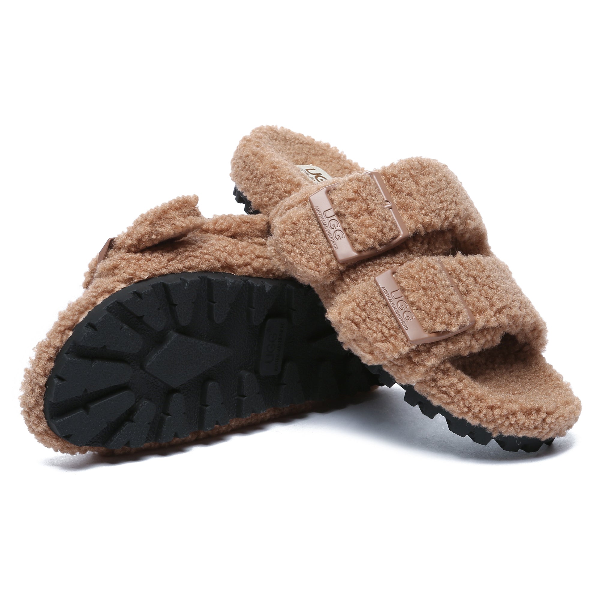 EverUgg women's UGG slippers with adjustable buckle sandal slides, featuring comfortable slip-on design and open-toe style.