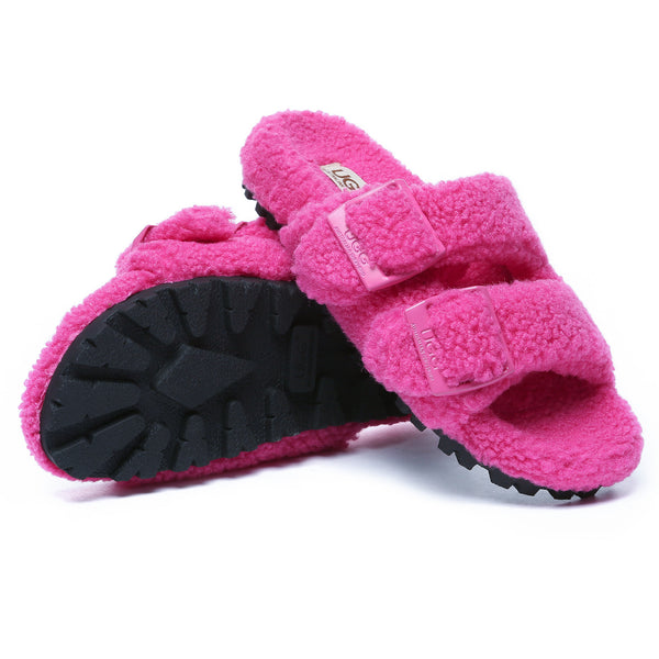 EverUgg women’s UGG slippers with adjustable buckle sandal slides, featuring a comfortable open-toe design and casual style.