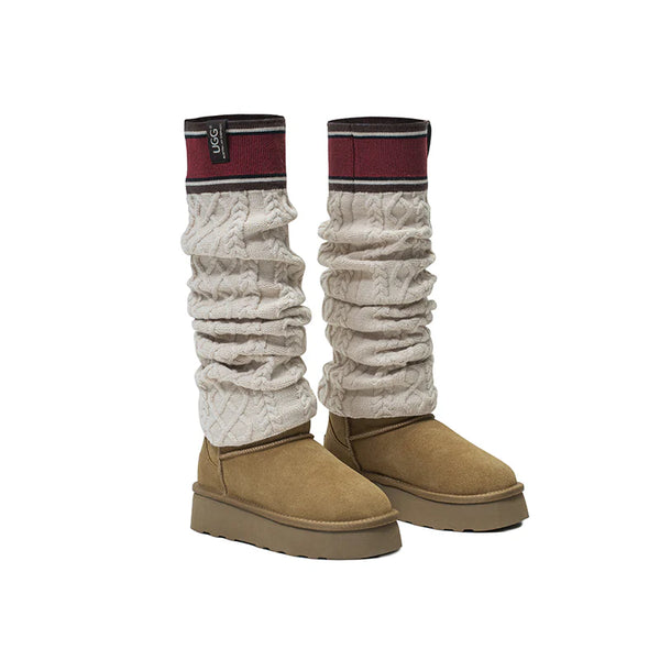 EverUgg stretchy leg warmer socks displayed on a model, showing their snug fit and soft knit fabric for cozy winter wear.