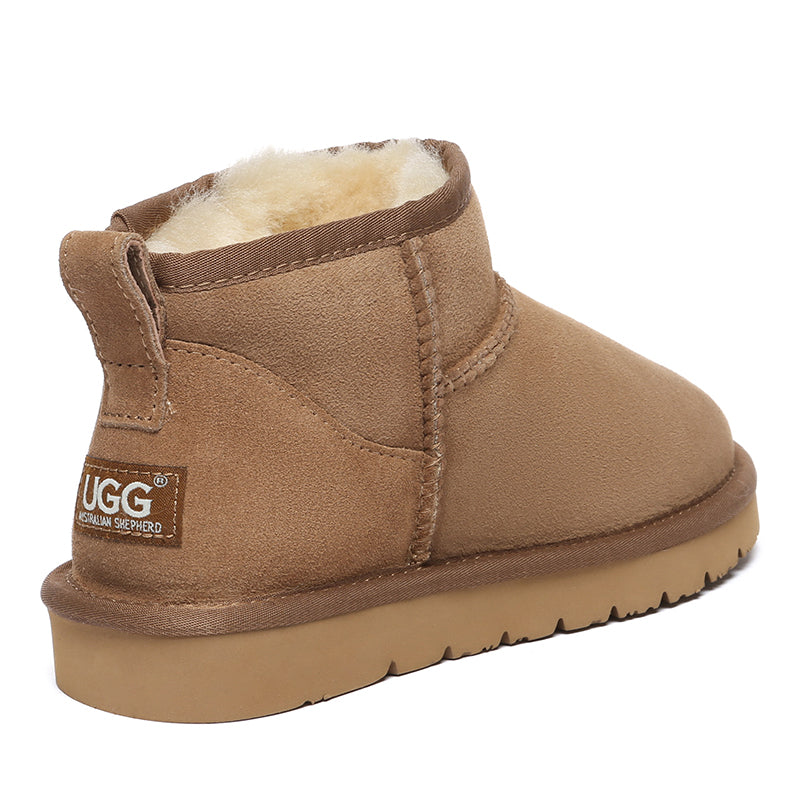 EverUgg Ultra Mini Classic UGG Boots for women in special colors, showing a close-up of soft suede and cozy sheepskin lining.