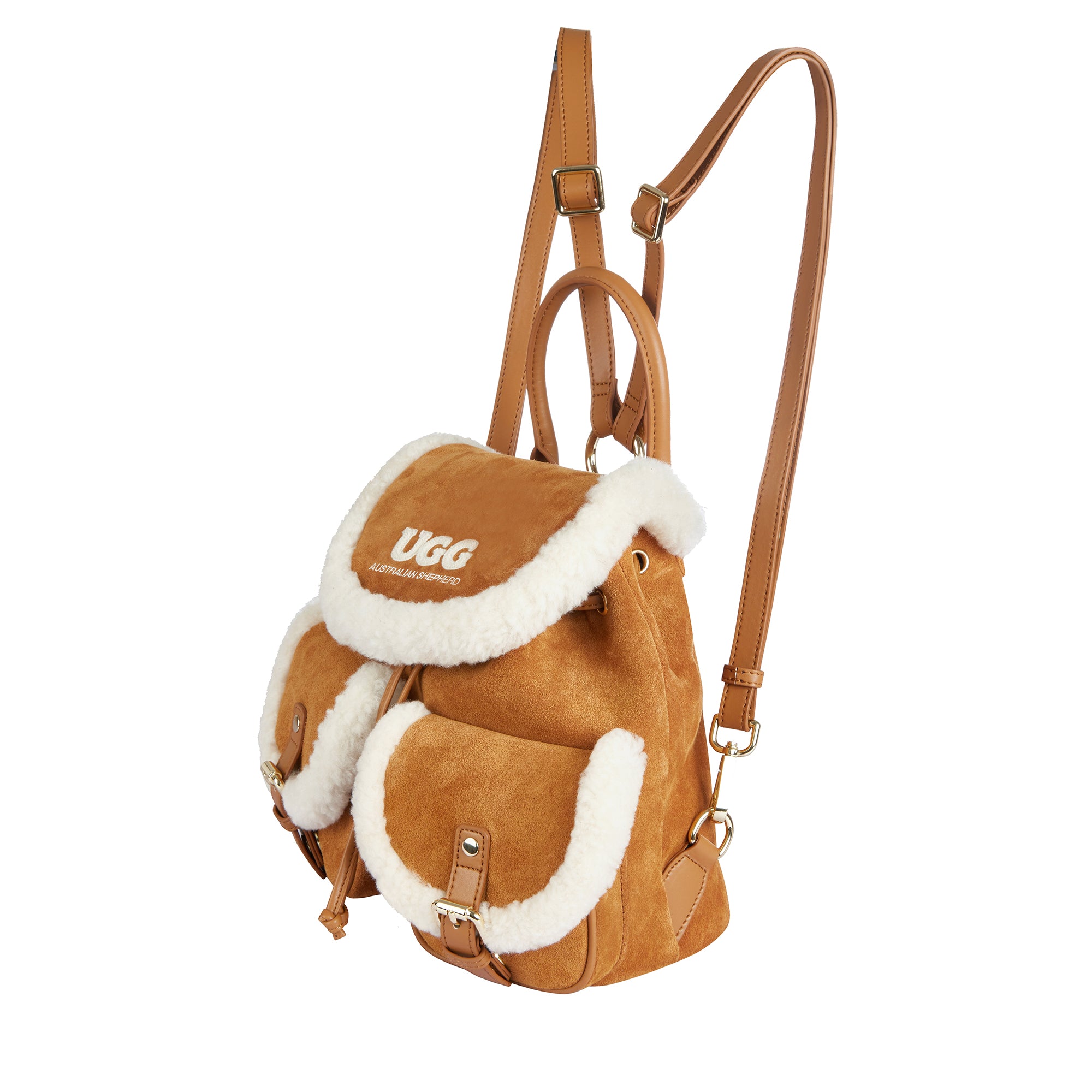 EverUgg Wool Backpack with adjustable strap and drawstring closure, featuring soft, cozy wool exterior and functional accessories.