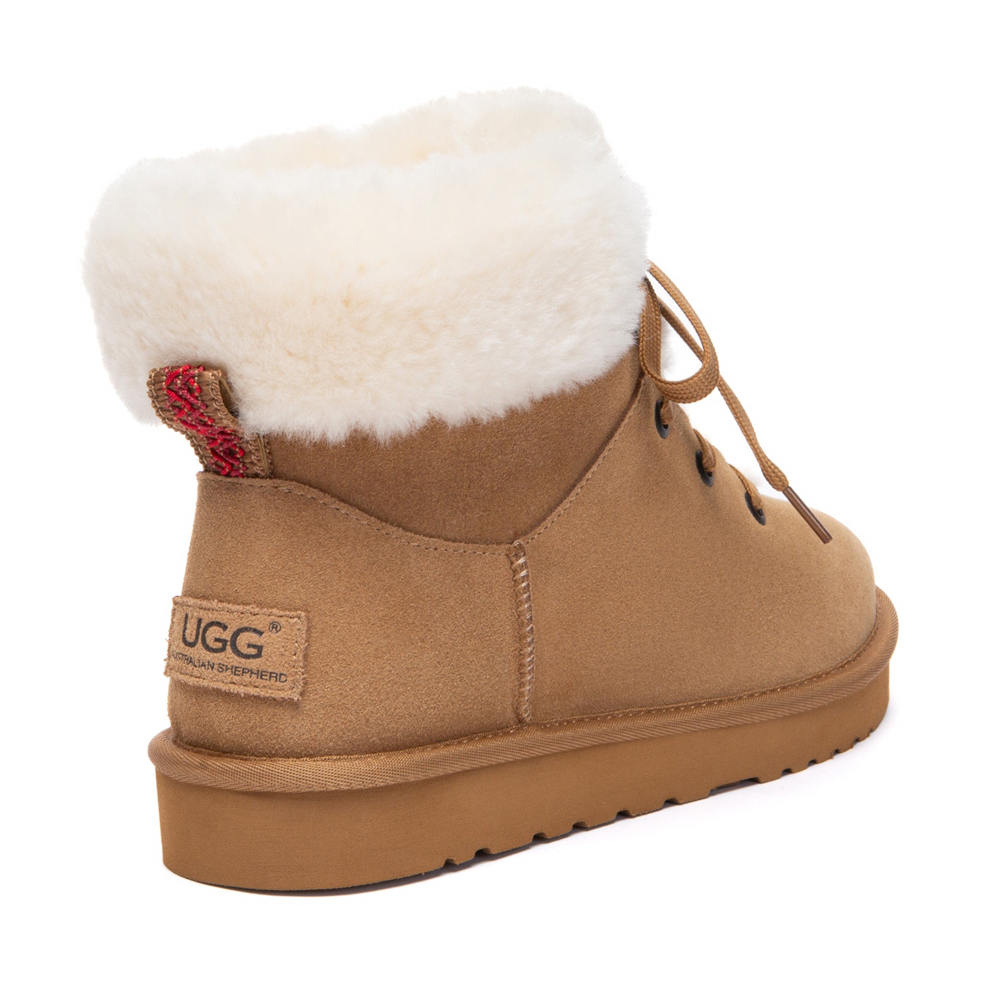 EverUgg ultra fluffy lace-up boots with plush exterior and rugged soles, perfect for cold weather and cozy style.