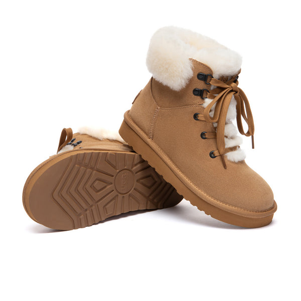 EverUgg Ultra Fluffy Lace-Up Boots with plush lining and soft suede exterior, stylish and cozy footwear for cold weather.